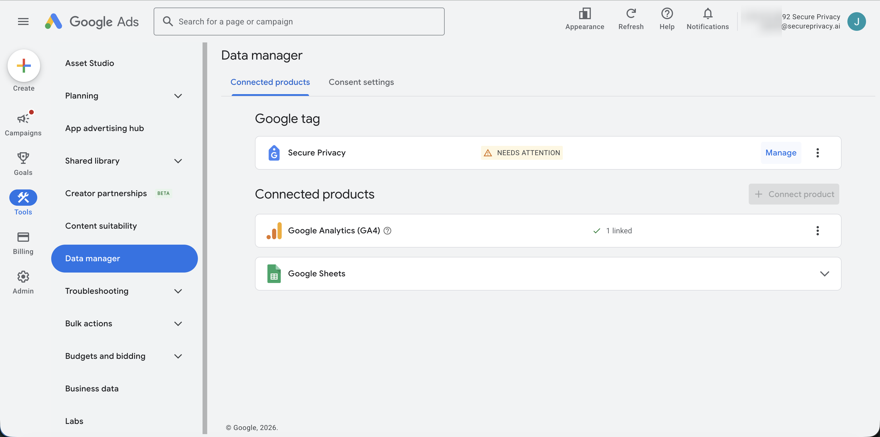 Google Ads Data manager screen showing the Google tag entry with a Needs Attention status and the Admin tab selected
