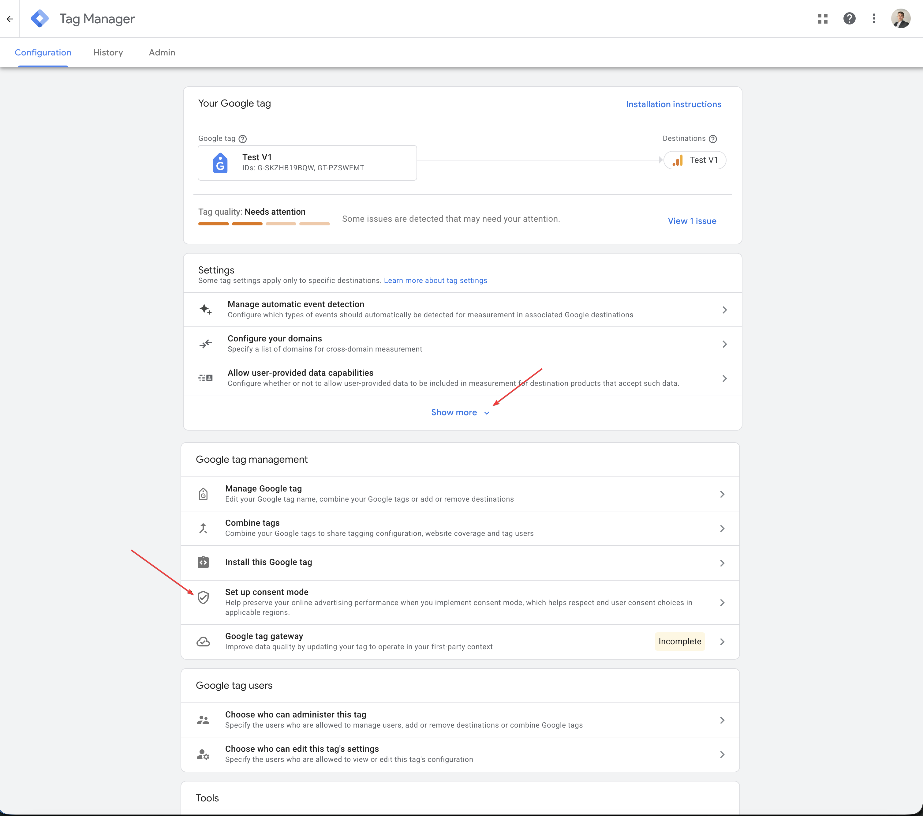 Google tag Admin panel showing the Google tag management section with Set up consent mode highlighted