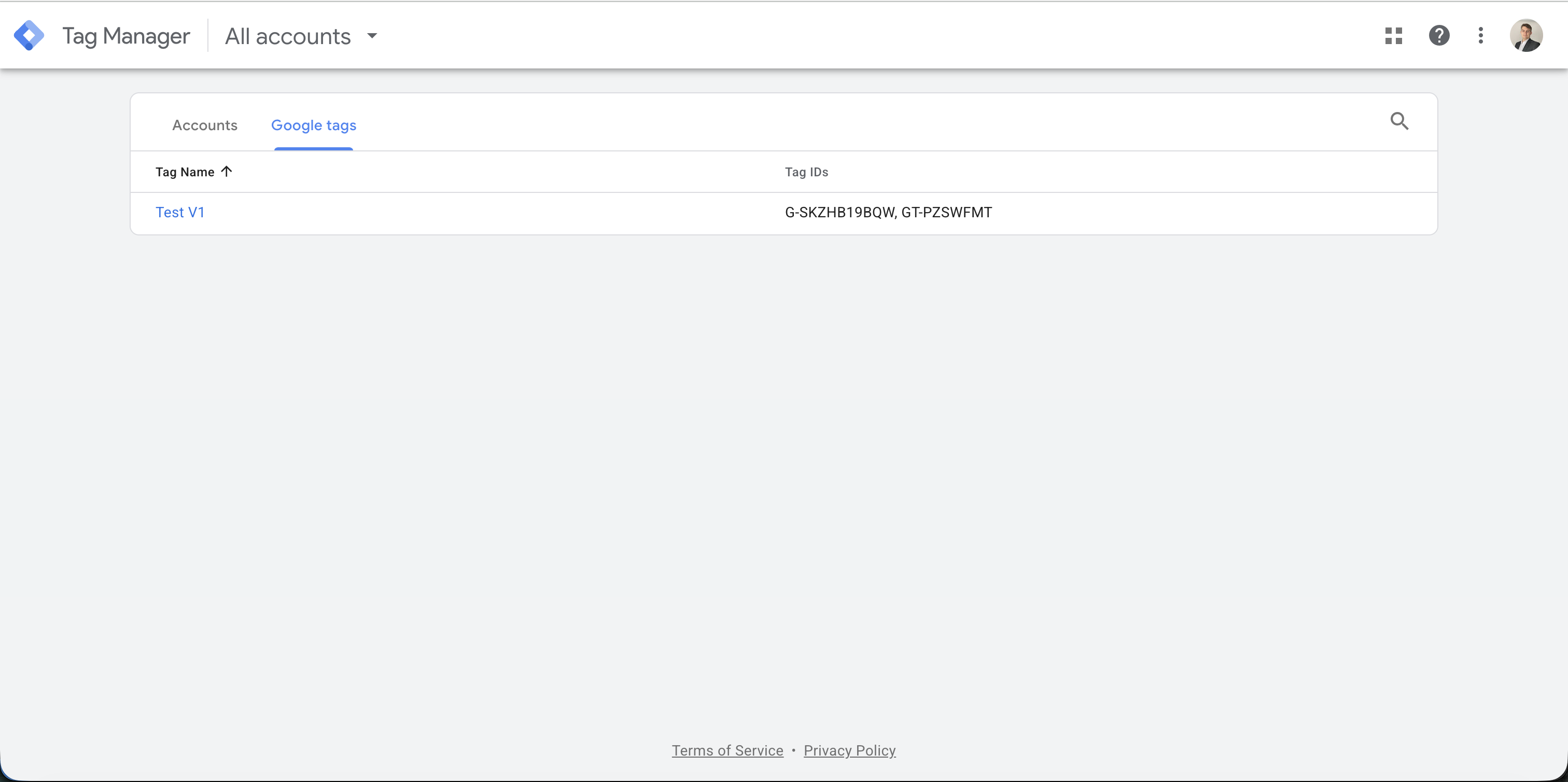 Google Tag Manager interface showing the Google tags tab with a test tag listed and its Tag IDs