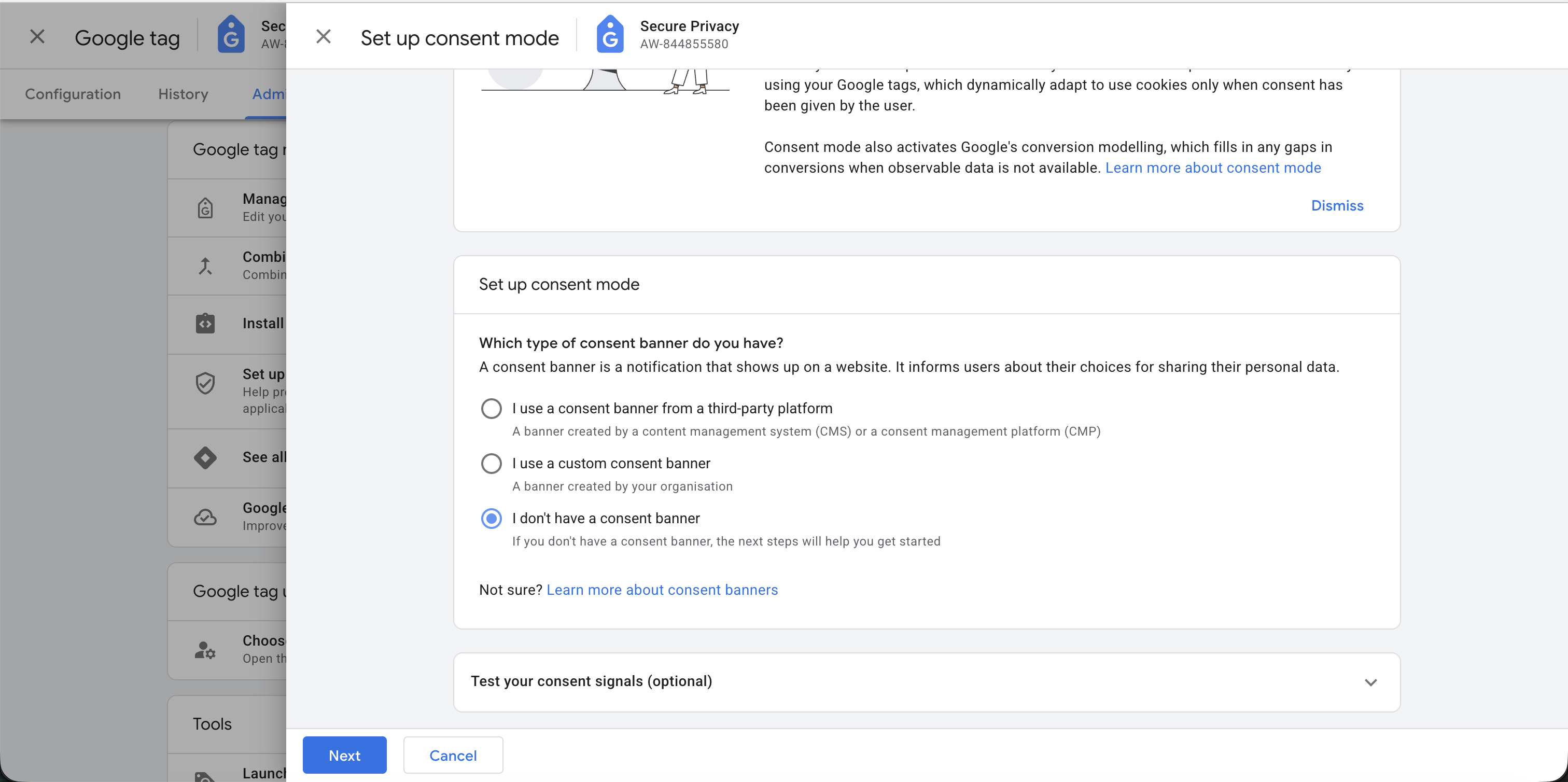 Google consent mode wizard first screen with three banner type options and 'I don't have a consent banner' selected