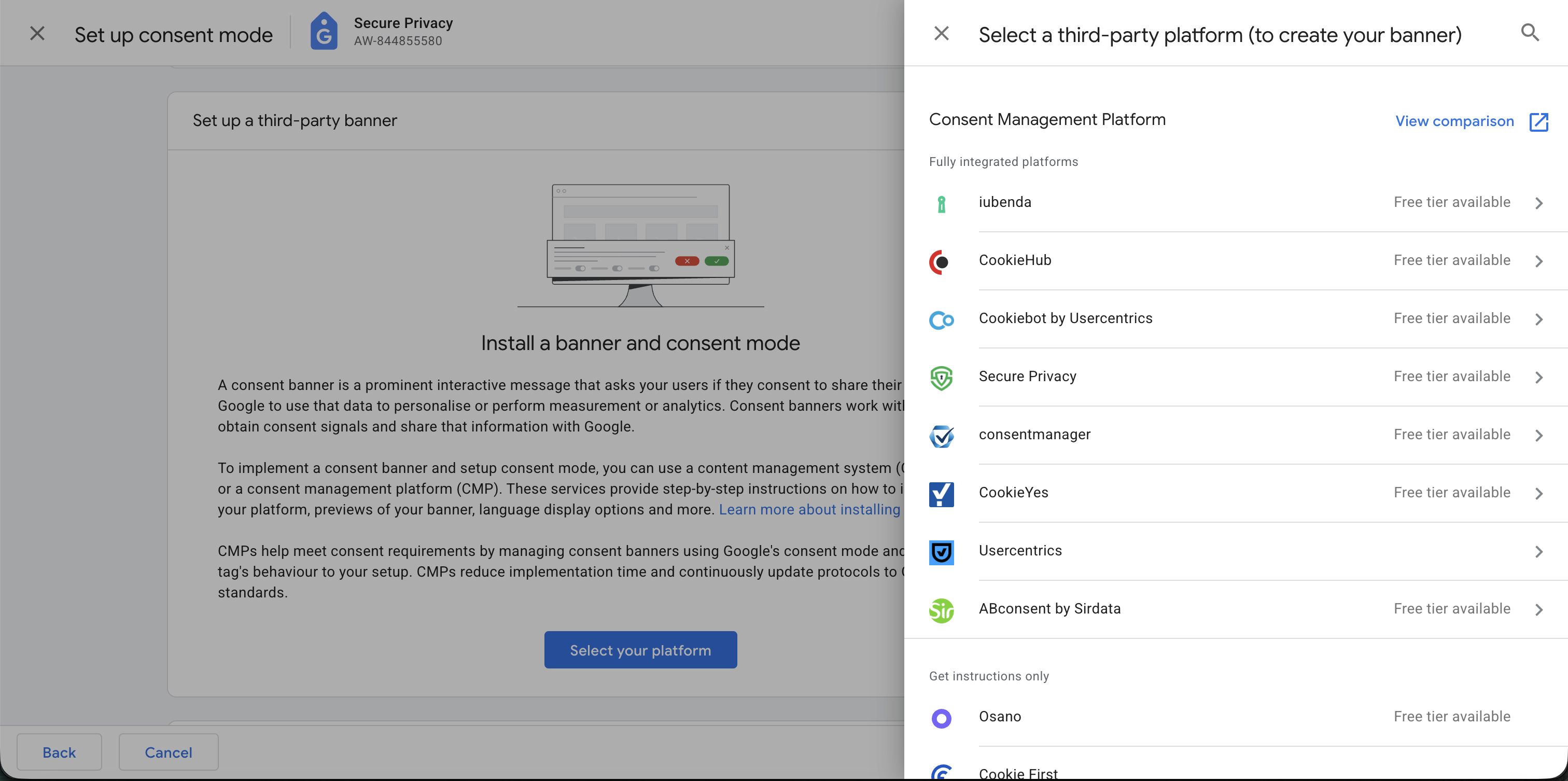 Google platform picker side panel showing the Fully integrated platforms list including Secure Privacy with Free tier available label
