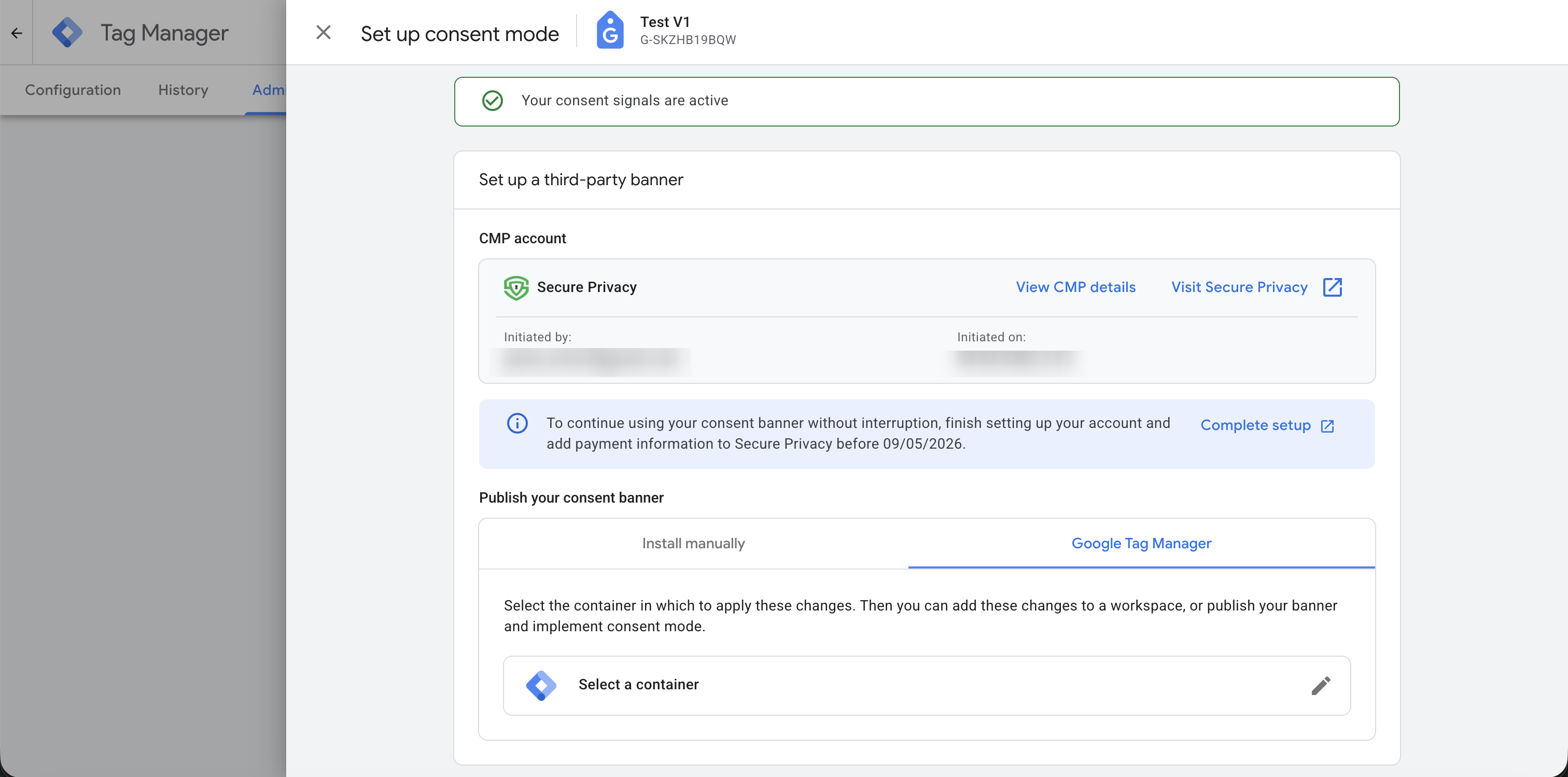 Google consent mode setup confirmation screen showing Secure Privacy connected, with Your consent signals are active message and options to publish via Google Tag Manager