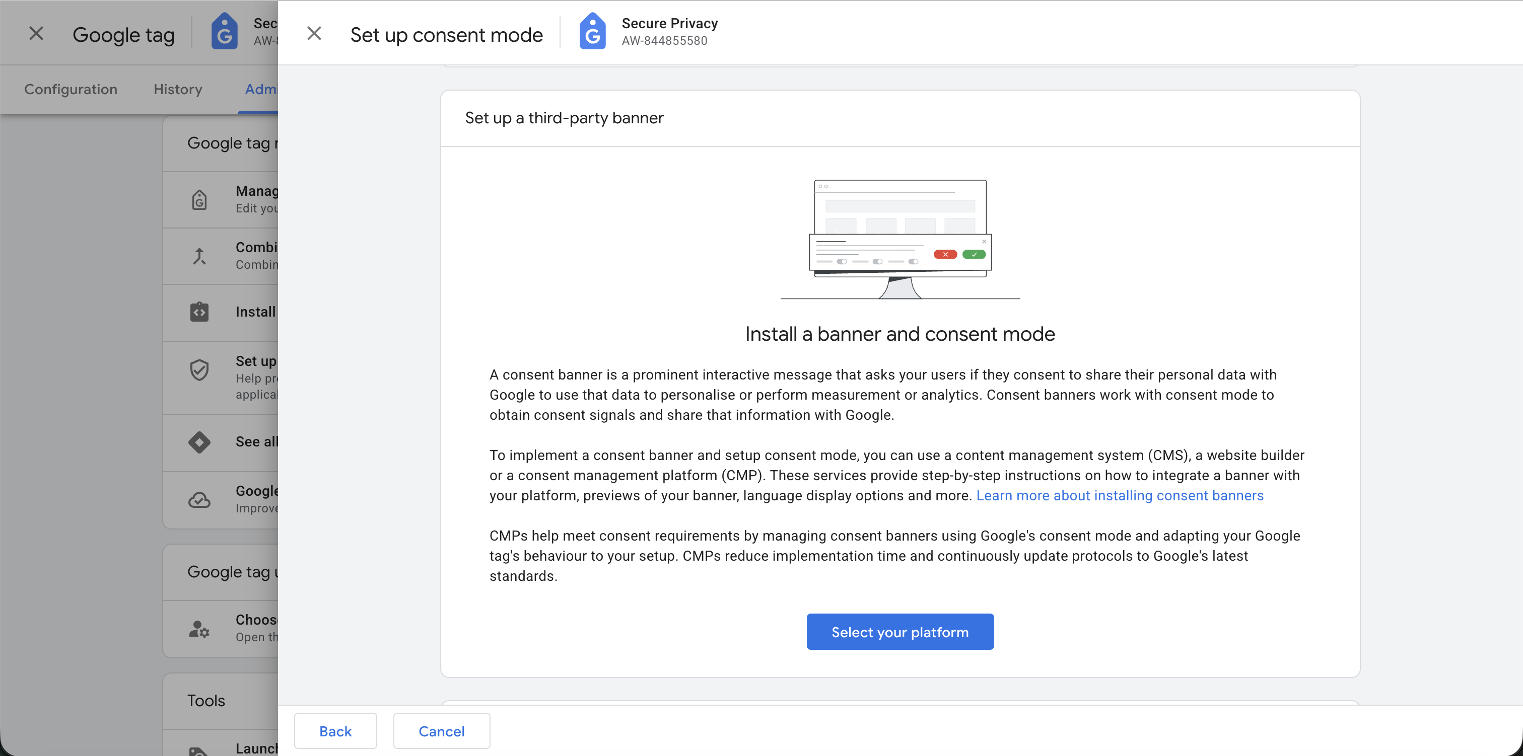Google consent mode wizard showing the 'Set a third-party banner' screen with the Select your platform button