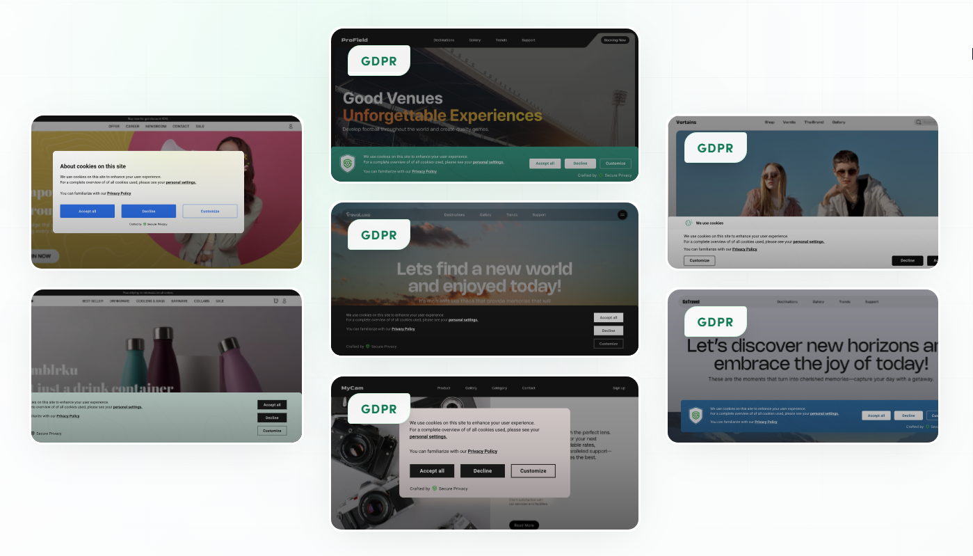 Secure Privacy v2 cookie consent banner gallery showing six brand-aligned banner designs across e-commerce, editorial, dark-themed, and mobile-first website layouts
