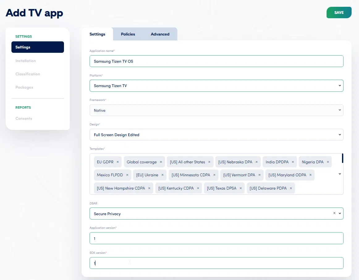 Secure Privacy dashboard Add TV app screen with Platform set to Samsung Tizen TV and multiple privacy law templates selected