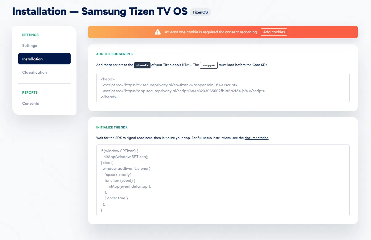 Installation screen showing the Secure Privacy Tizen TV wrapper and Core SDK script tags to add to the app head