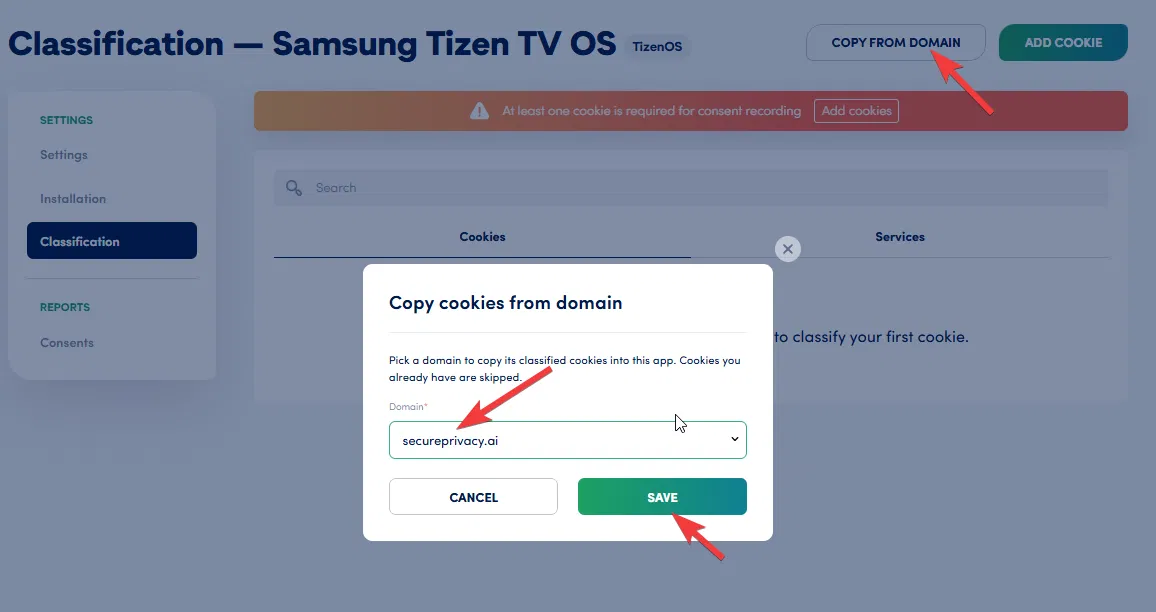 Copy cookies from domain dialog importing classified cookies into the Samsung Tizen TV app