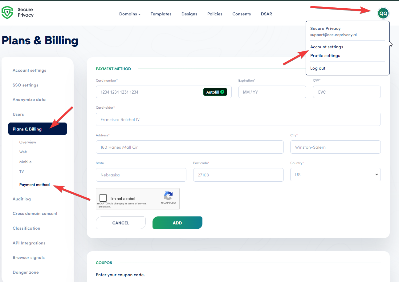 Secure Privacy account Billing page showing credit card entry fields for subscription payment