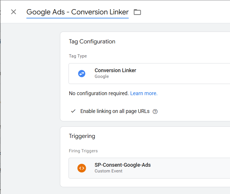 GTM Universal Analytics tag configuration showing SP-Consent-Google-Analytics trigger attached and Google Analytics Settings with Tracking ID field