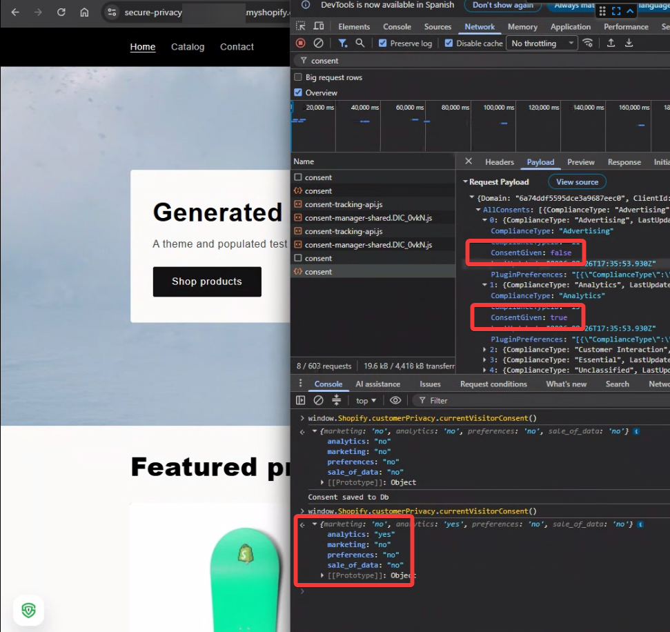Chrome DevTools on a Shopify storefront showing the Secure Privacy consent payload with Advertising ConsentGiven false and Analytics ConsentGiven true, and the console returning window.Shopify.customerPrivacy.currentVisitorConsent() with analytics yes and marketing, preferences and sale_of_data set to no