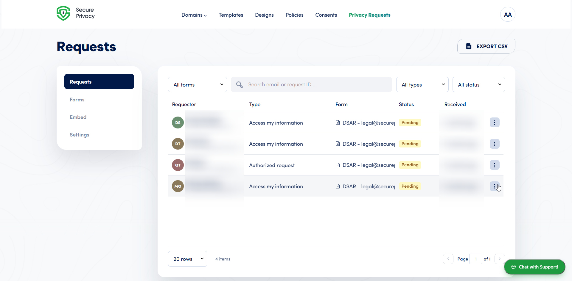 Secure Privacy Privacy Requests dashboard listing DSAR submissions with filters for form, request type and status, and the Export CSV button