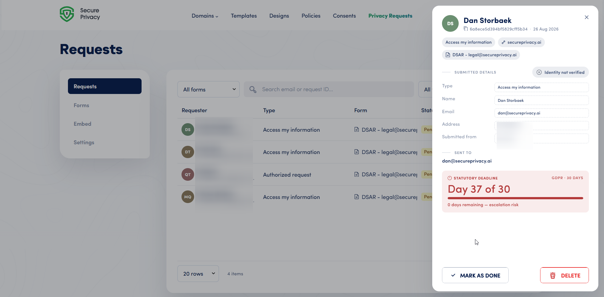 DSAR submission detail panel showing request type, identity type, source domain, submitted details and a GDPR 30-day statutory deadline countdown