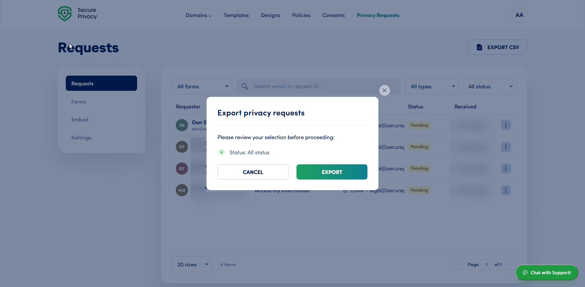 Export privacy requests confirmation dialog summarizing the selected form, request type and status filters before the CSV export runs