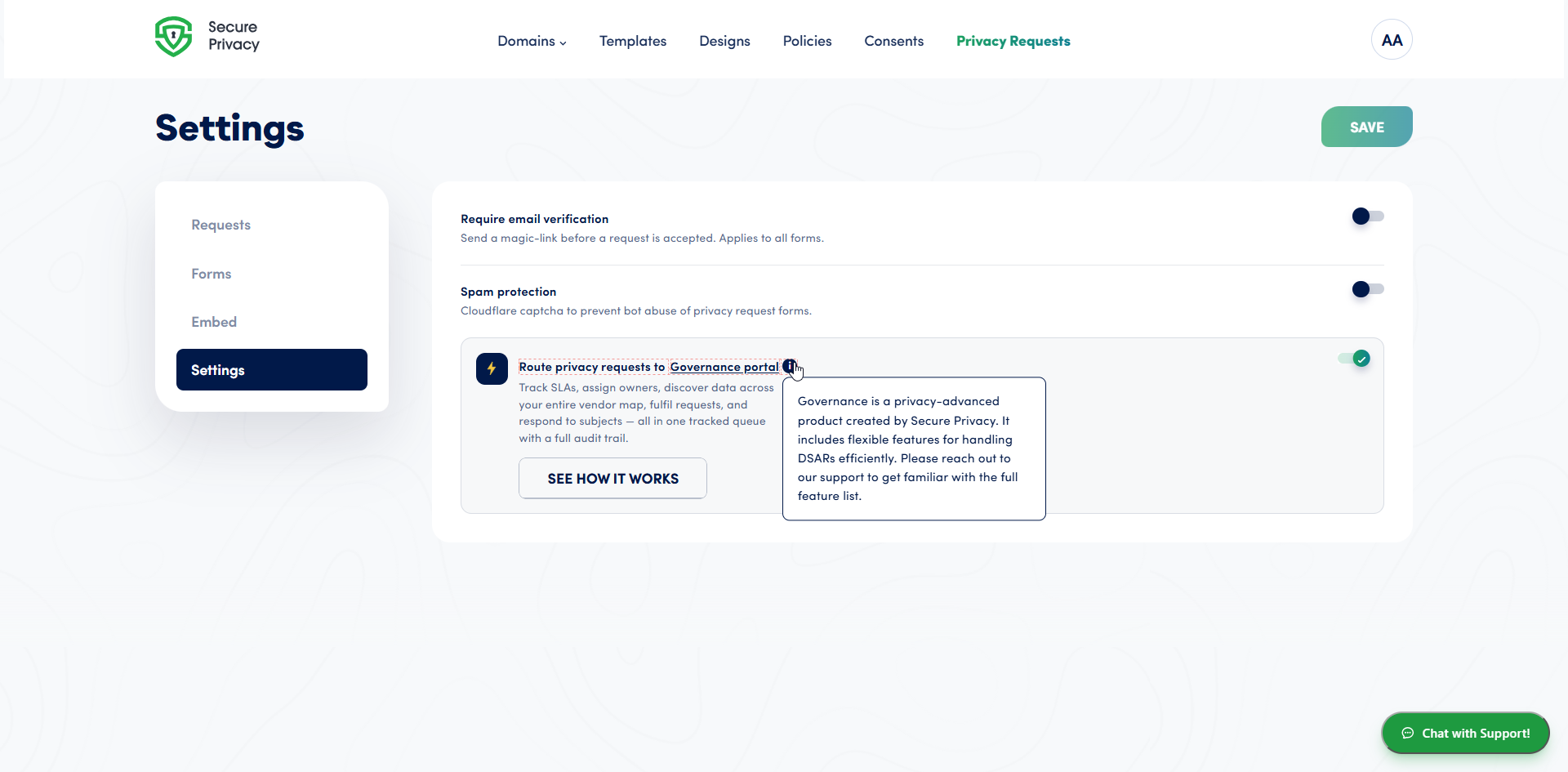 Privacy Requests Settings with toggles for Require email verification, captcha spam protection and Route privacy requests to Governance portal