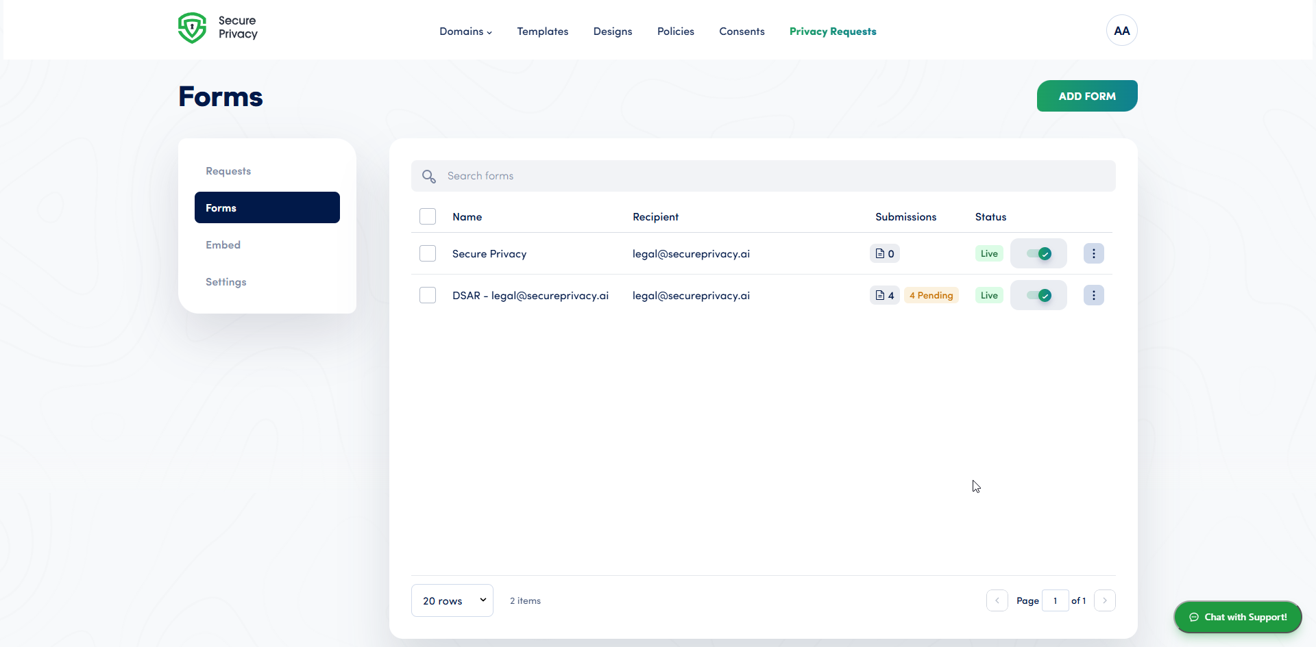 Forms list of DSAR forms showing recipient, submission count, pending requests and status toggles, with the Add DSAR button