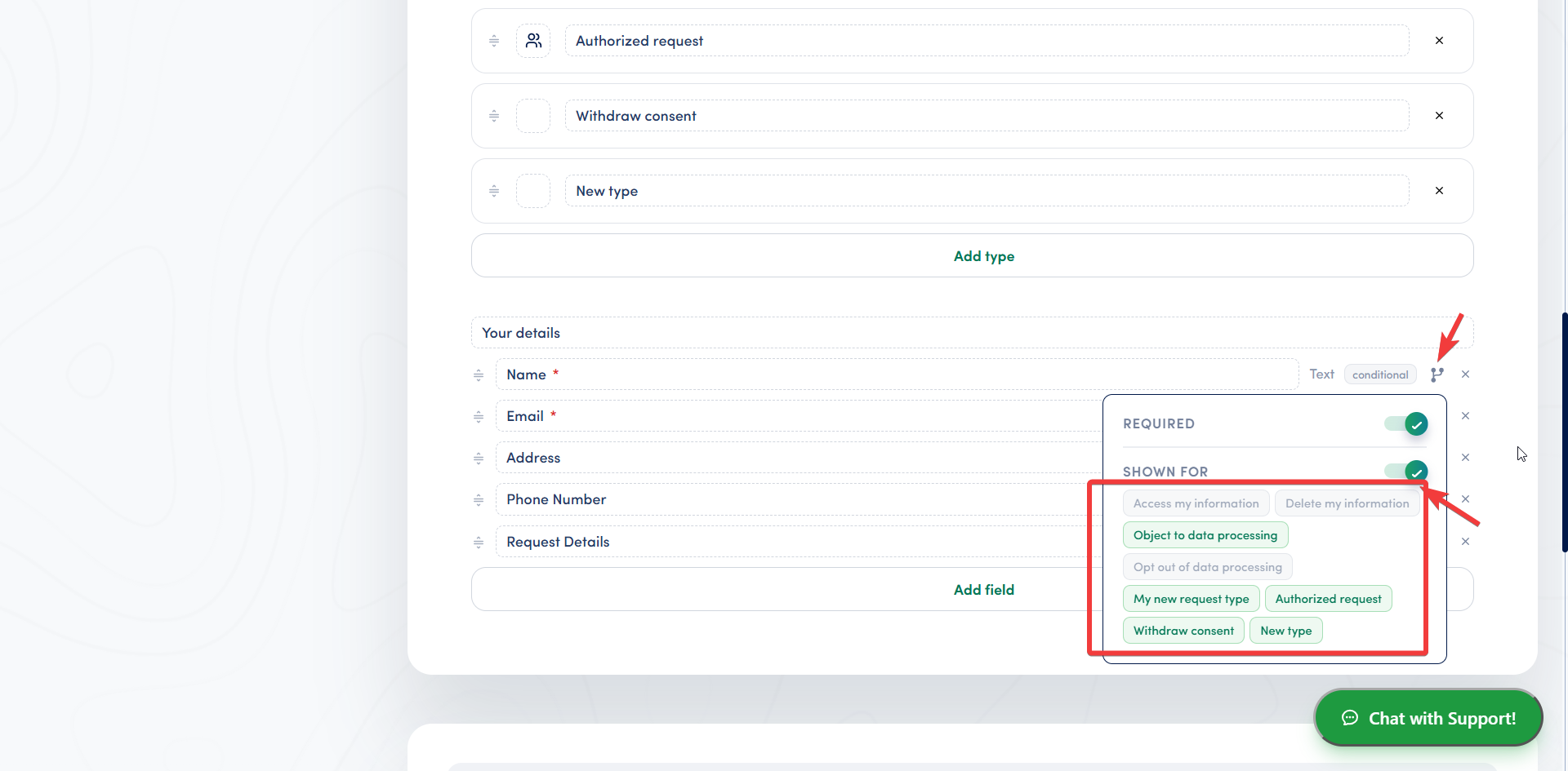 Conditional visibility settings on a DSAR form field with the Required toggle and Shown for selection of request types and identity types