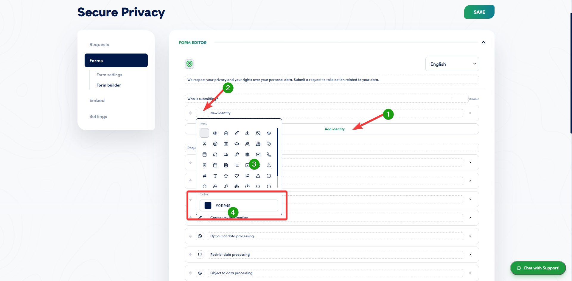 Identity type settings in the DSAR form builder with an icon library and color picker for a custom identity type