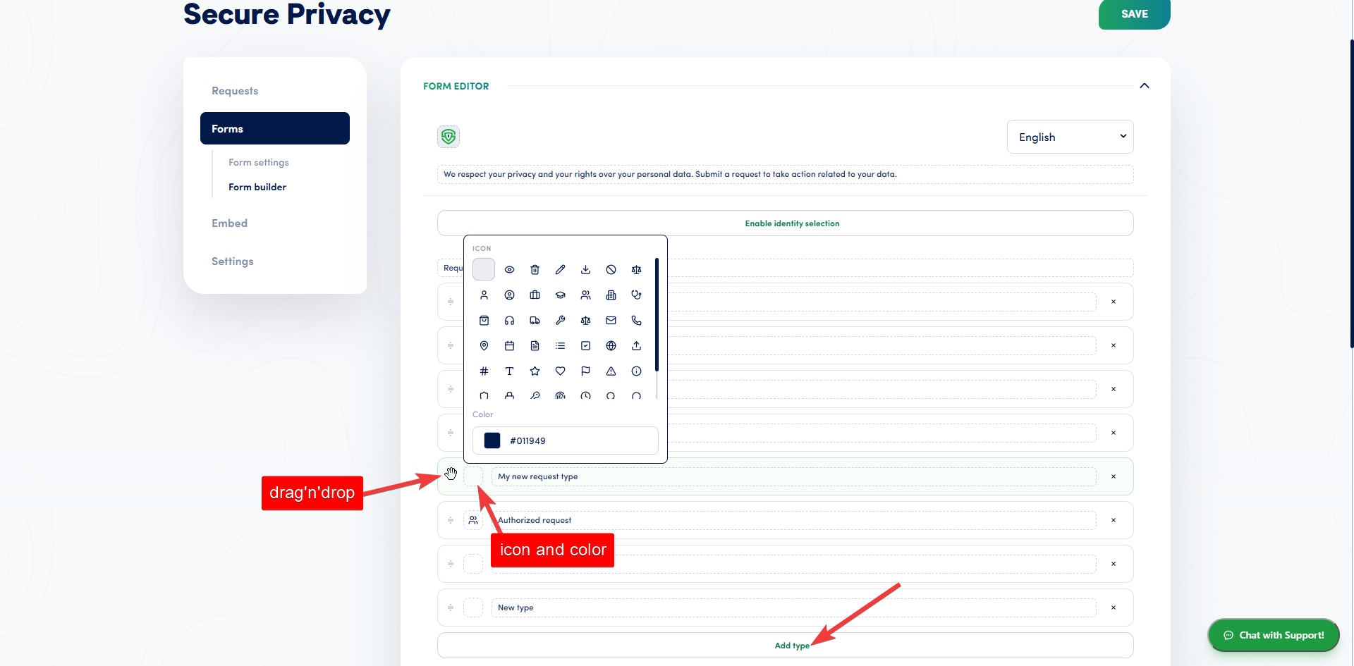 Custom DSAR request type without an icon added alongside the Access, Objection and Opt out request types