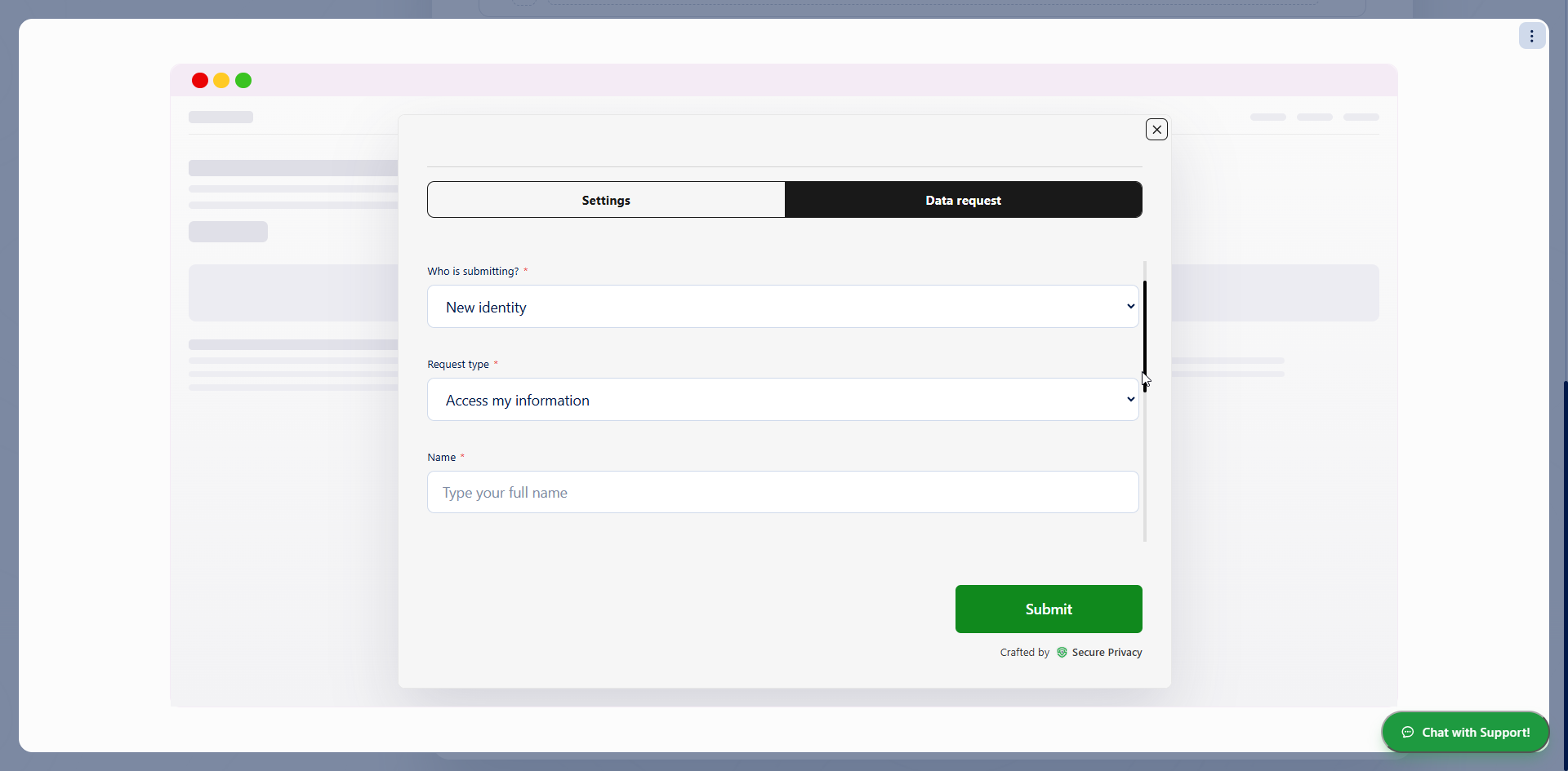 Data Request tab in the Secure Privacy preference center banner with identity, request type and name fields and a Submit button