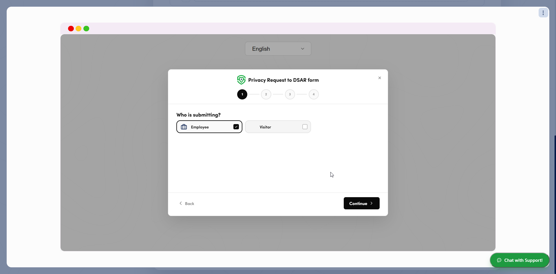 Dedicated DSAR page wizard at step 1 of 4, asking the visitor to choose an identity type