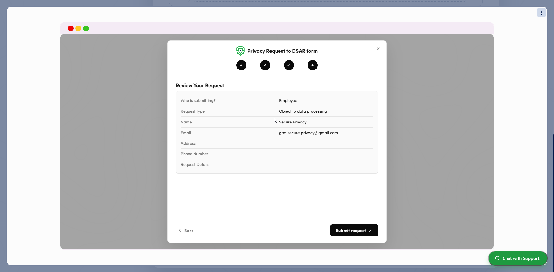 Review your request step of the dedicated DSAR page summarizing identity, request type and contact details before submission