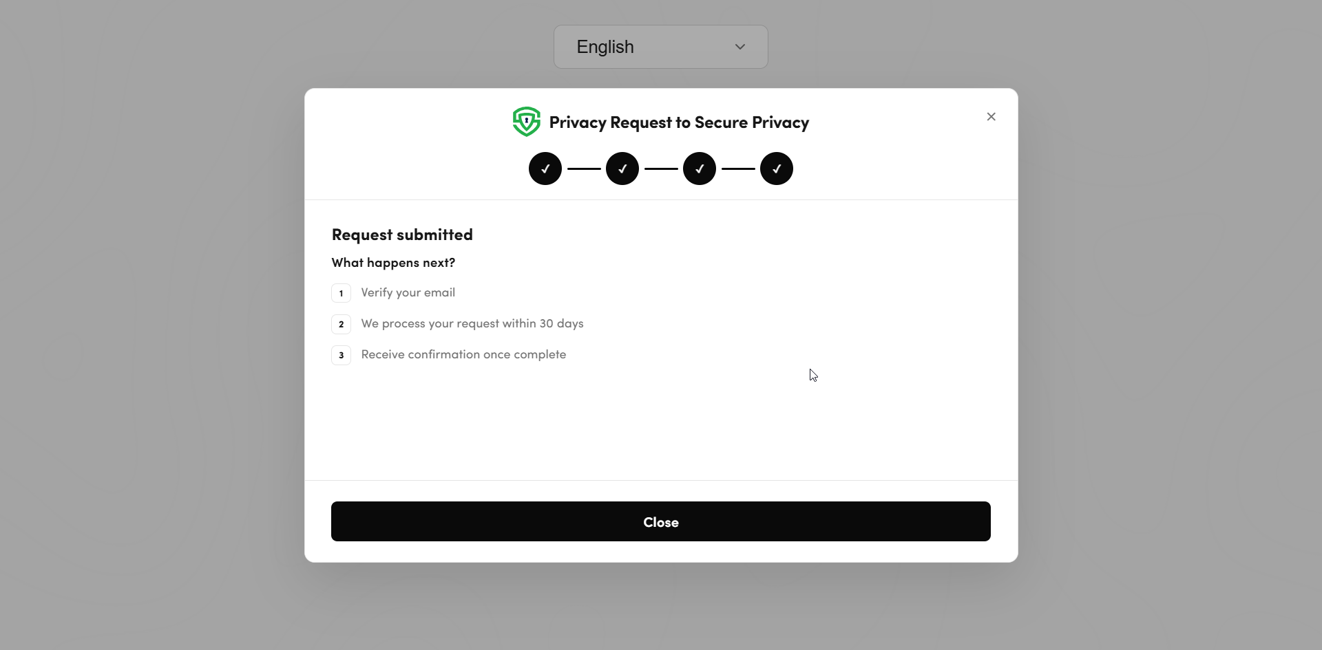DSAR request submitted confirmation listing next steps: verify your email, request processed within 30 days, confirmation once complete