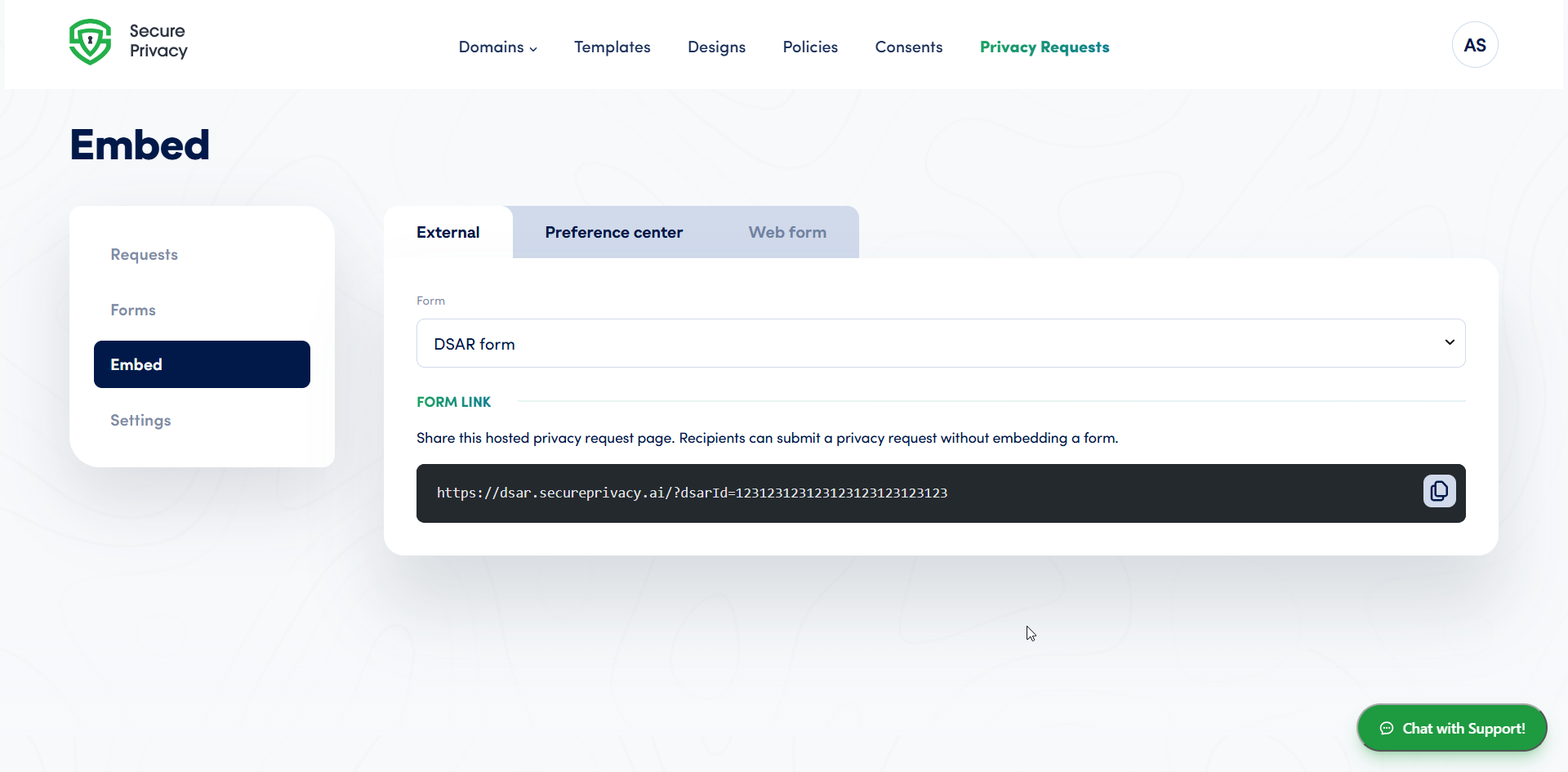 Embed External tab showing the hosted DSAR form link on dsar.secureprivacy.ai with a copy button