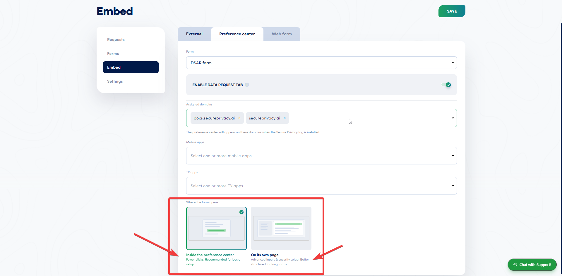 Embed Preference center tab with the Enable Data request tab switch, assigned domains, mobile and TV apps, and the Where the form opens choice between inside the preference center and on its own page
