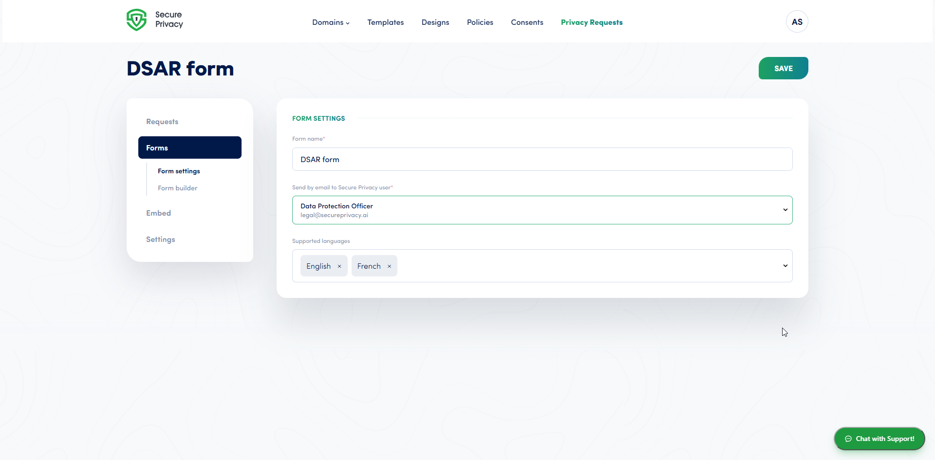 Form settings tab of a DSAR form with the form name, the Send by email to Secure Privacy user recipient field and English and French as supported languages