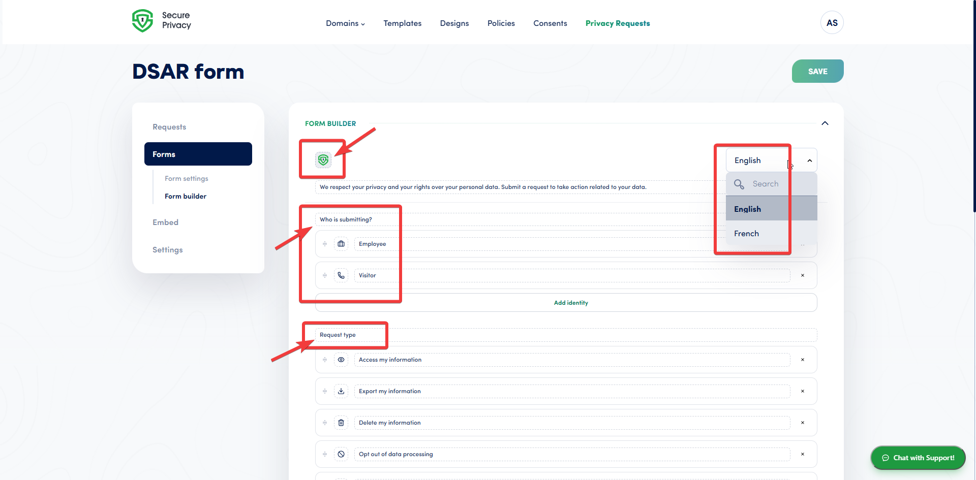 DSAR form builder with the form logo, editable introduction text, identity and request types, and the language switcher listing English and French