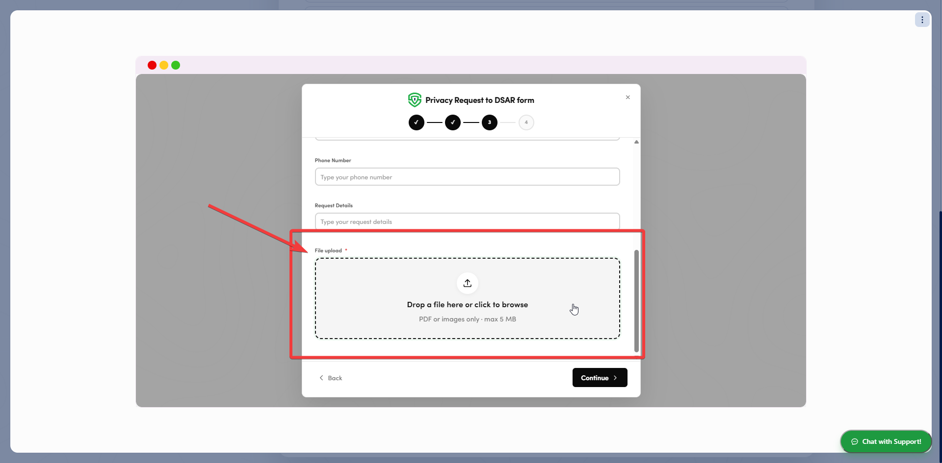 File upload field on the dedicated DSAR page wizard with an attached image as supporting evidence