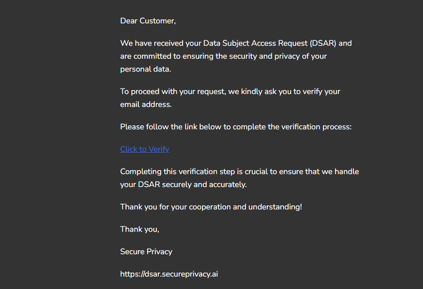 Verification email asking the requester to confirm their email address for a data subject access request