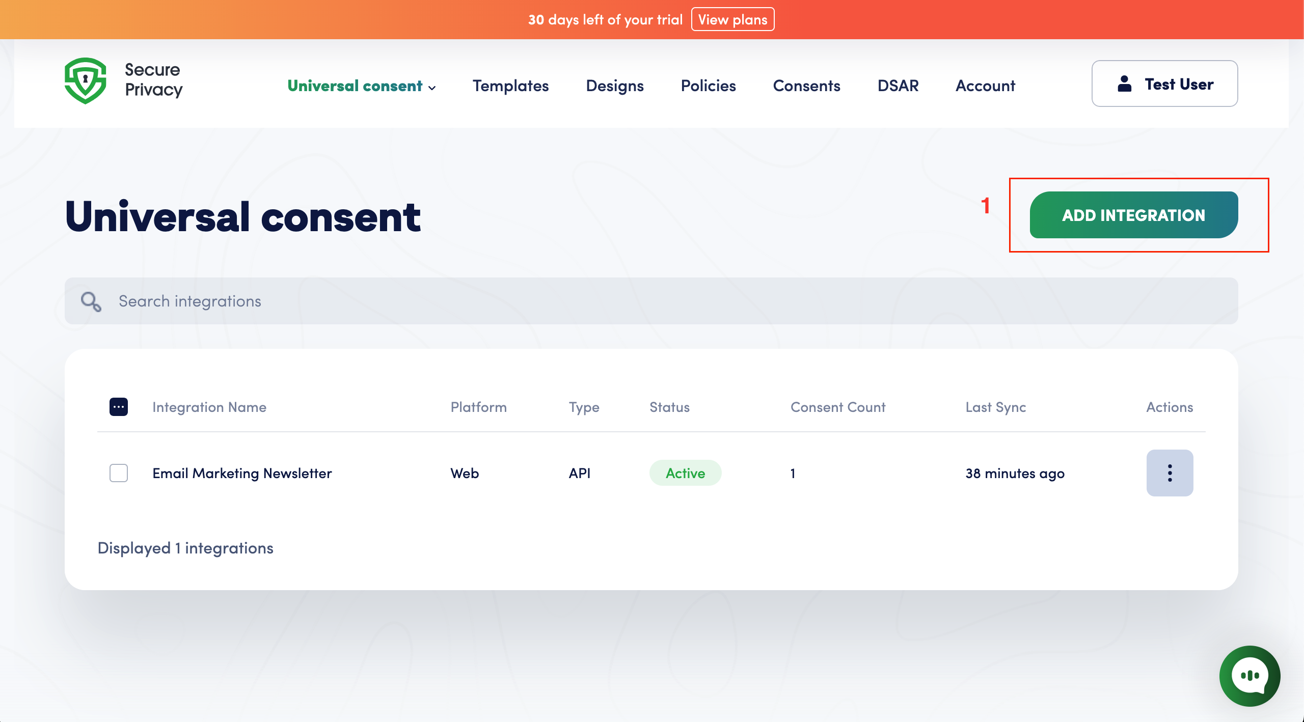 Secure Privacy Universal Consent dashboard with the ADD INTEGRATION button highlighted in the top right corner