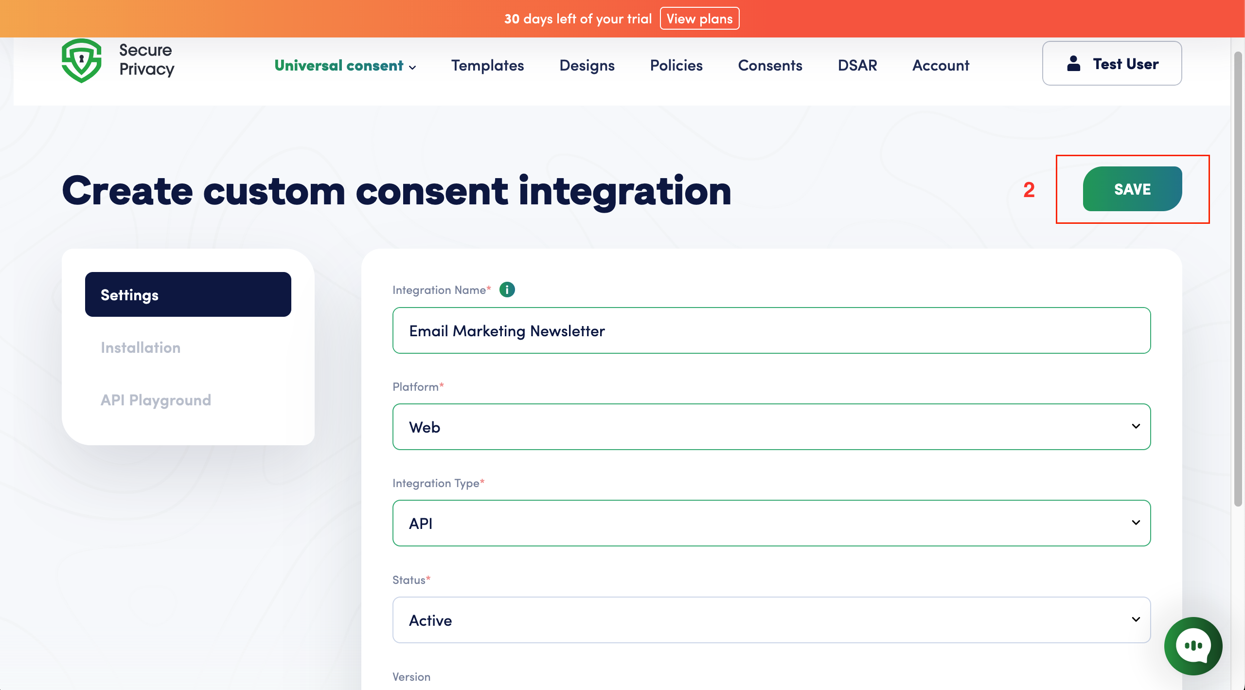 Creating an email marketing newsletter custom consent integration in Secure Privacy with Platform set to Web and Integration Type set to API