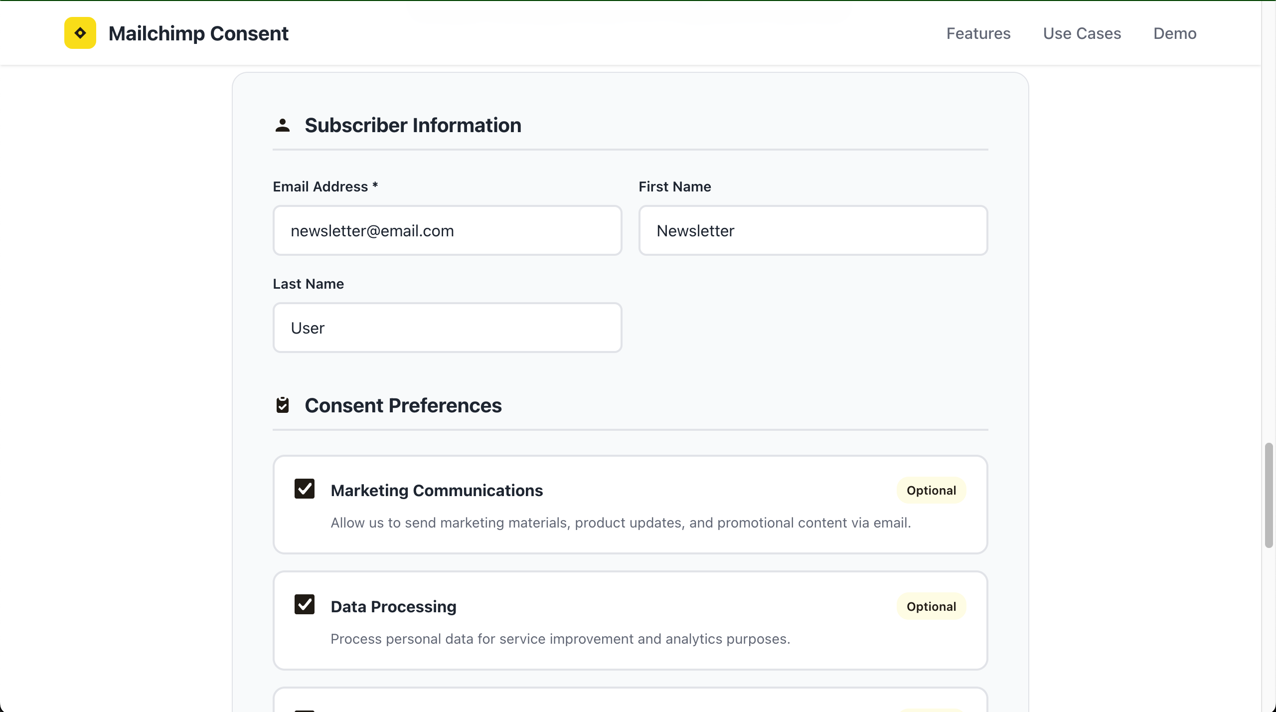 GDPR-compliant newsletter signup form with separate consent checkboxes for marketing communications, data processing, and third-party sharing