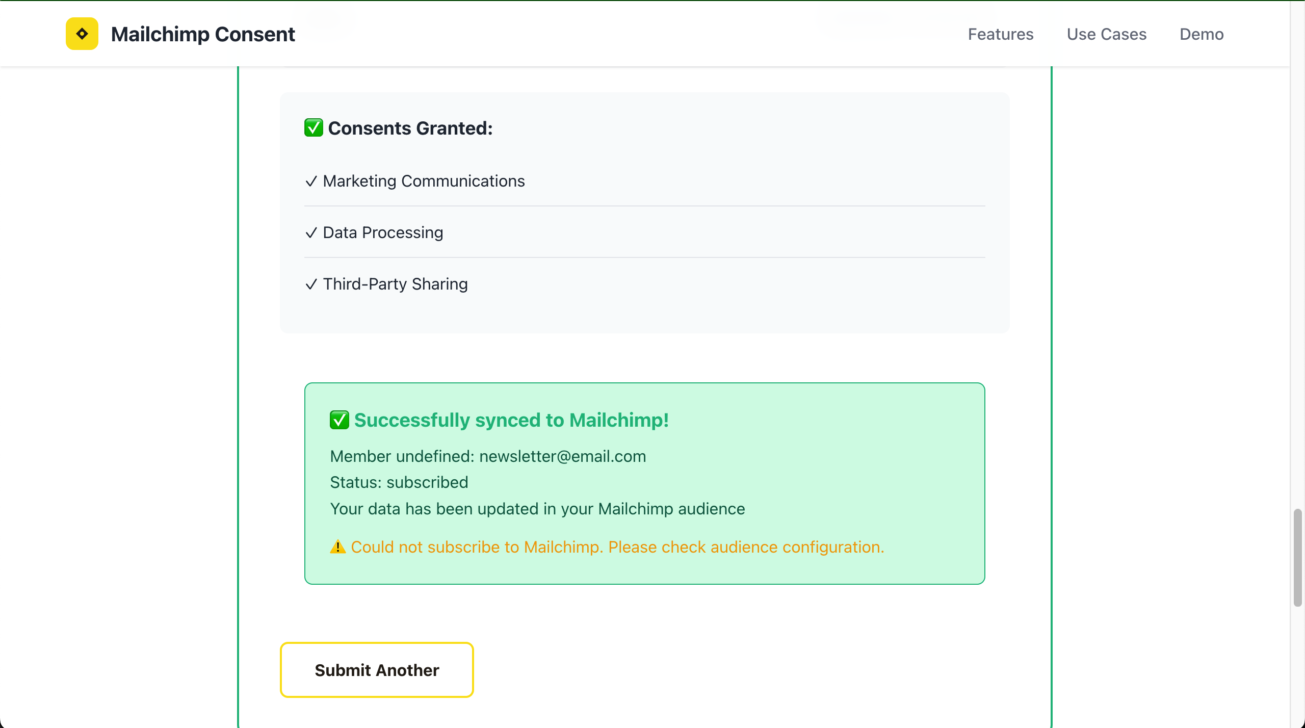 Newsletter signup success screen confirming the consent summary, Mailchimp subscription status, and consent timestamp
