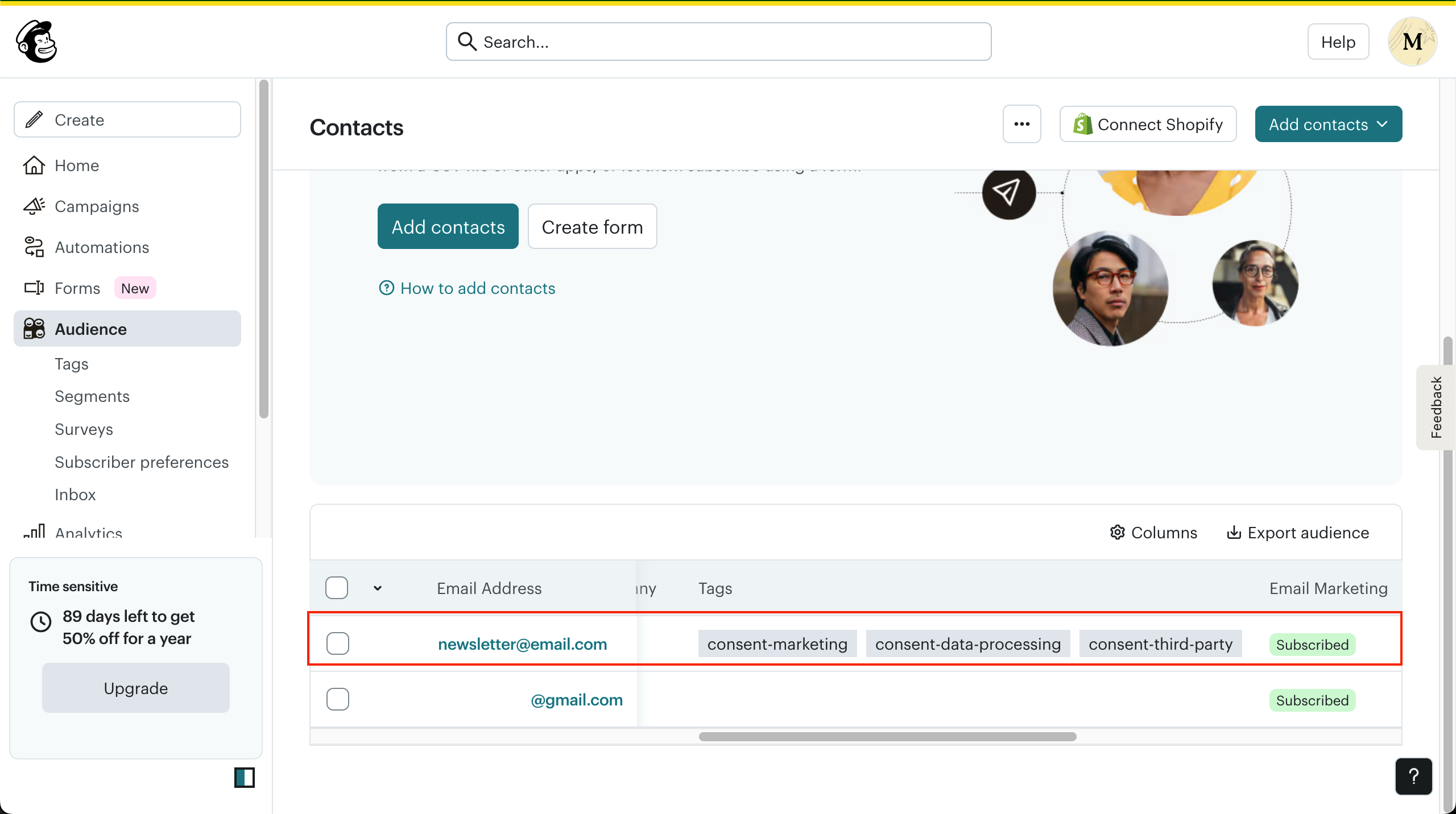 Mailchimp contact record showing a synced subscriber with consent-marketing, consent-data-processing, and consent-third-party tags applied