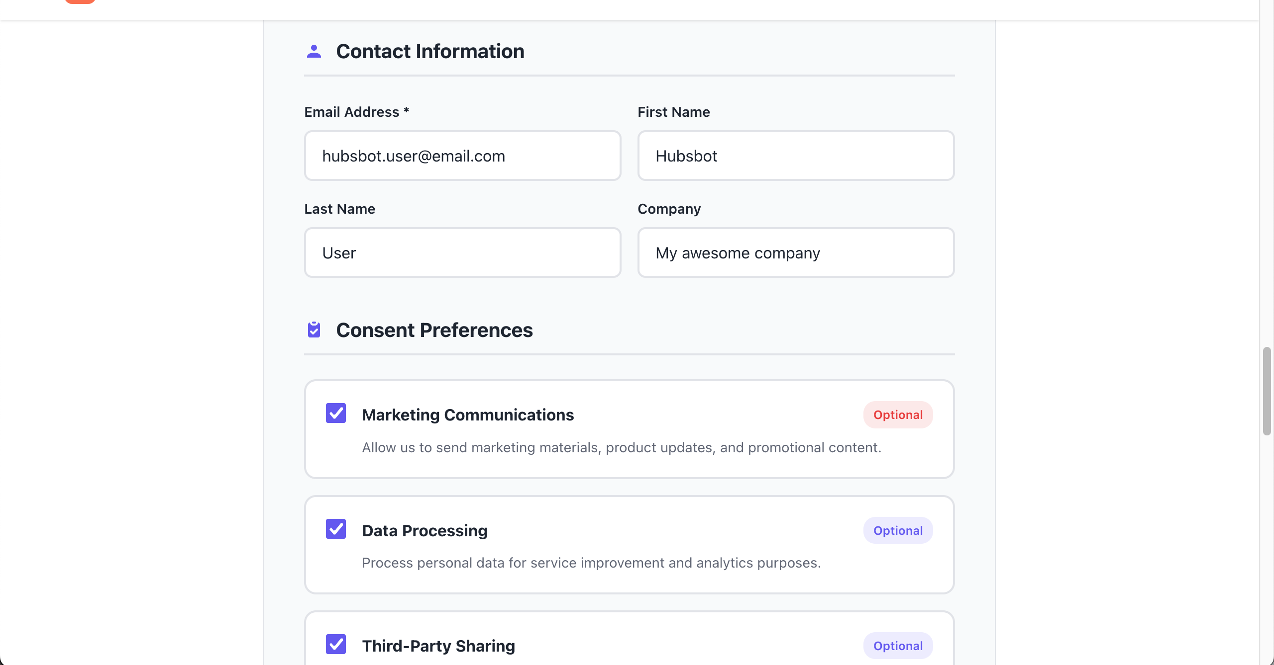 Custom consent form collecting contact details with marketing communications, data processing and third-party sharing consent checkboxes before recording consent in HubSpot