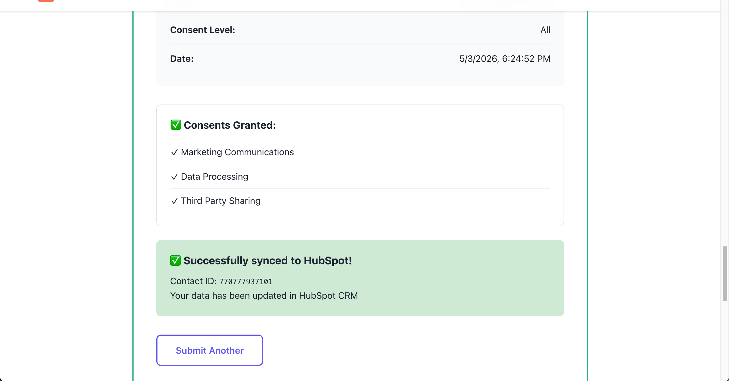 Consent confirmation screen showing consent level, timestamp, granted consents and HubSpot CRM sync status