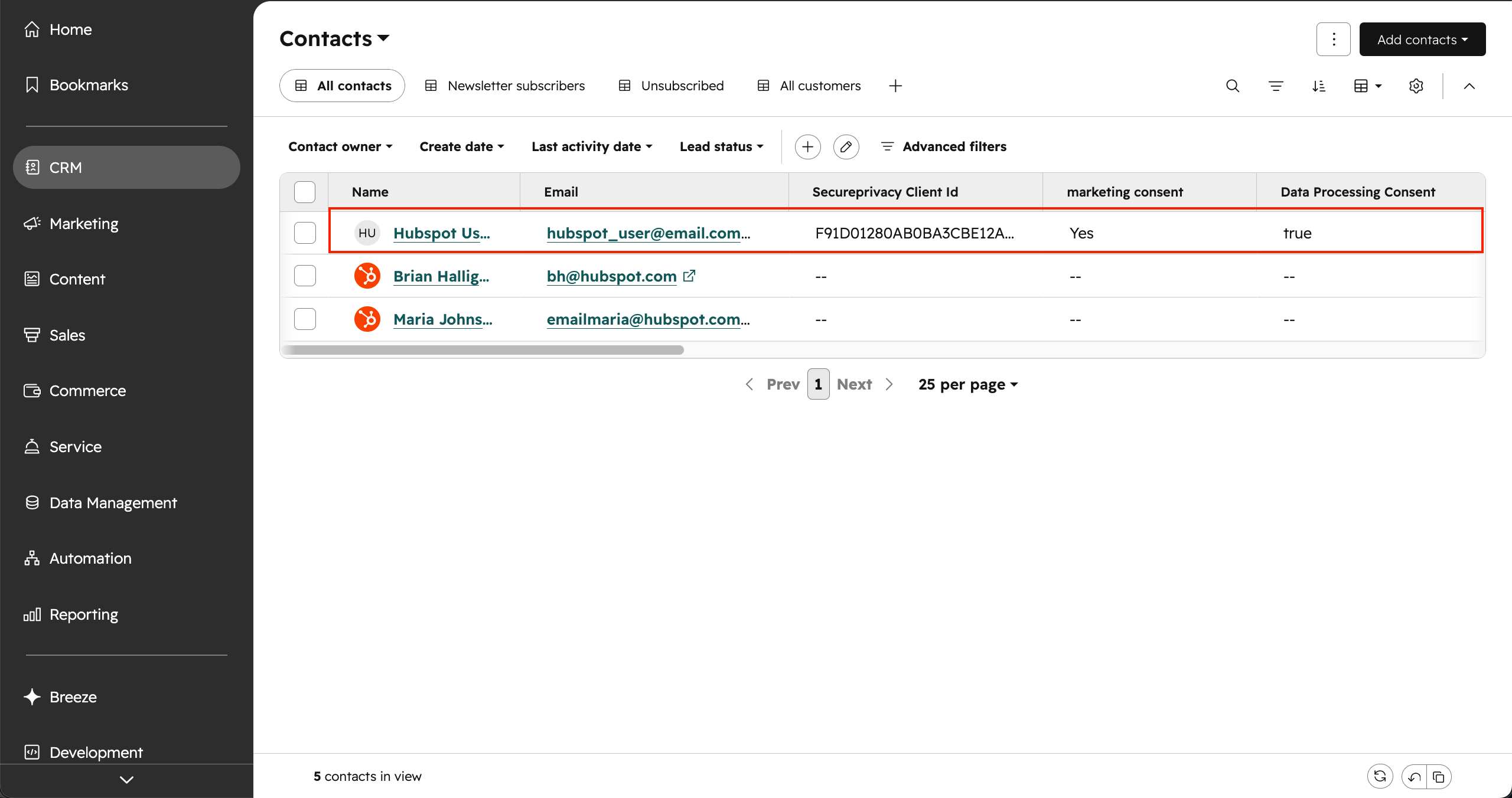 HubSpot contact record updated with custom consent properties, Secure Privacy Client ID and consent timestamp