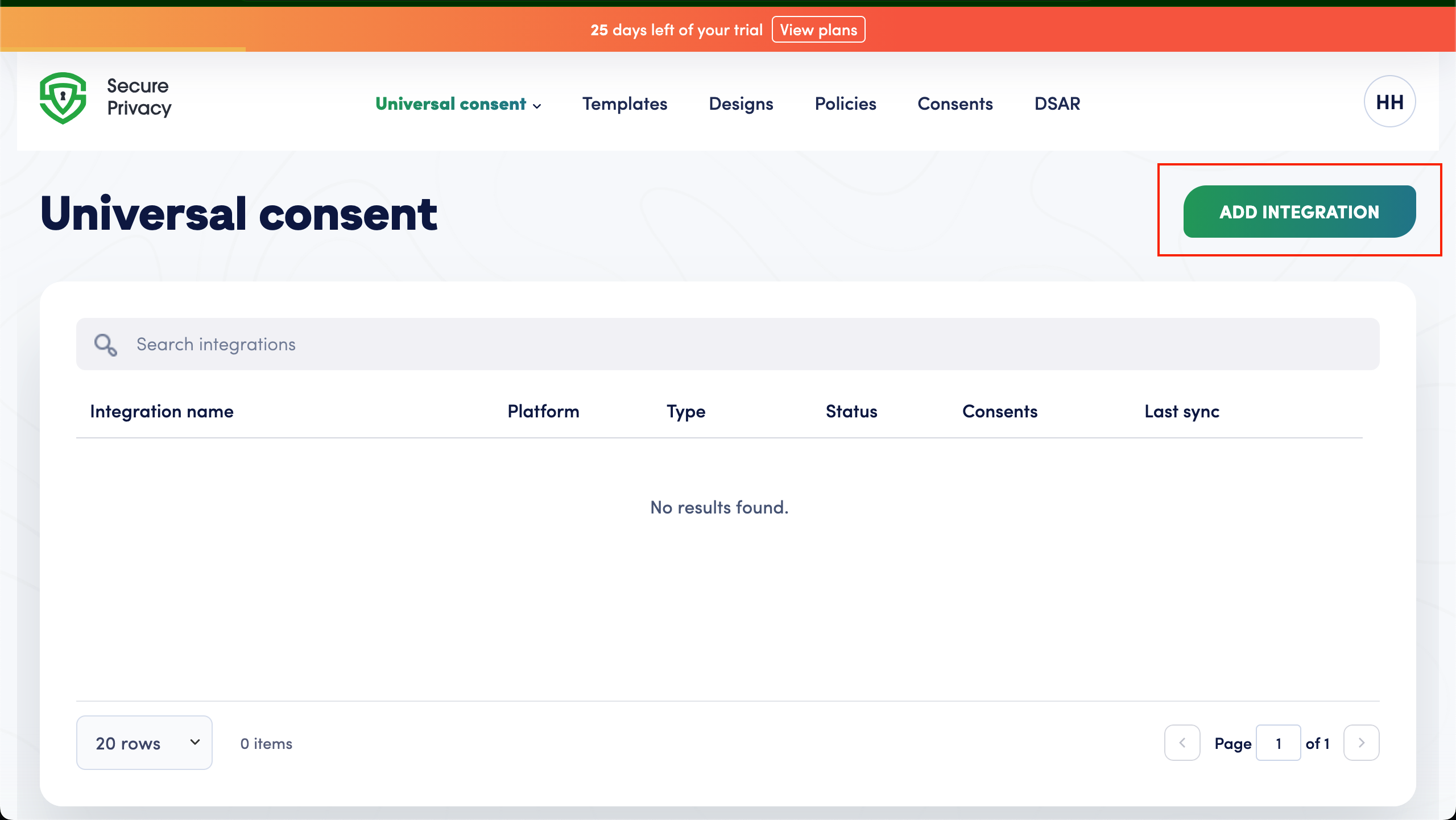 Secure Privacy Universal Consent screen with the ADD INTEGRATION button highlighted in the top right corner
