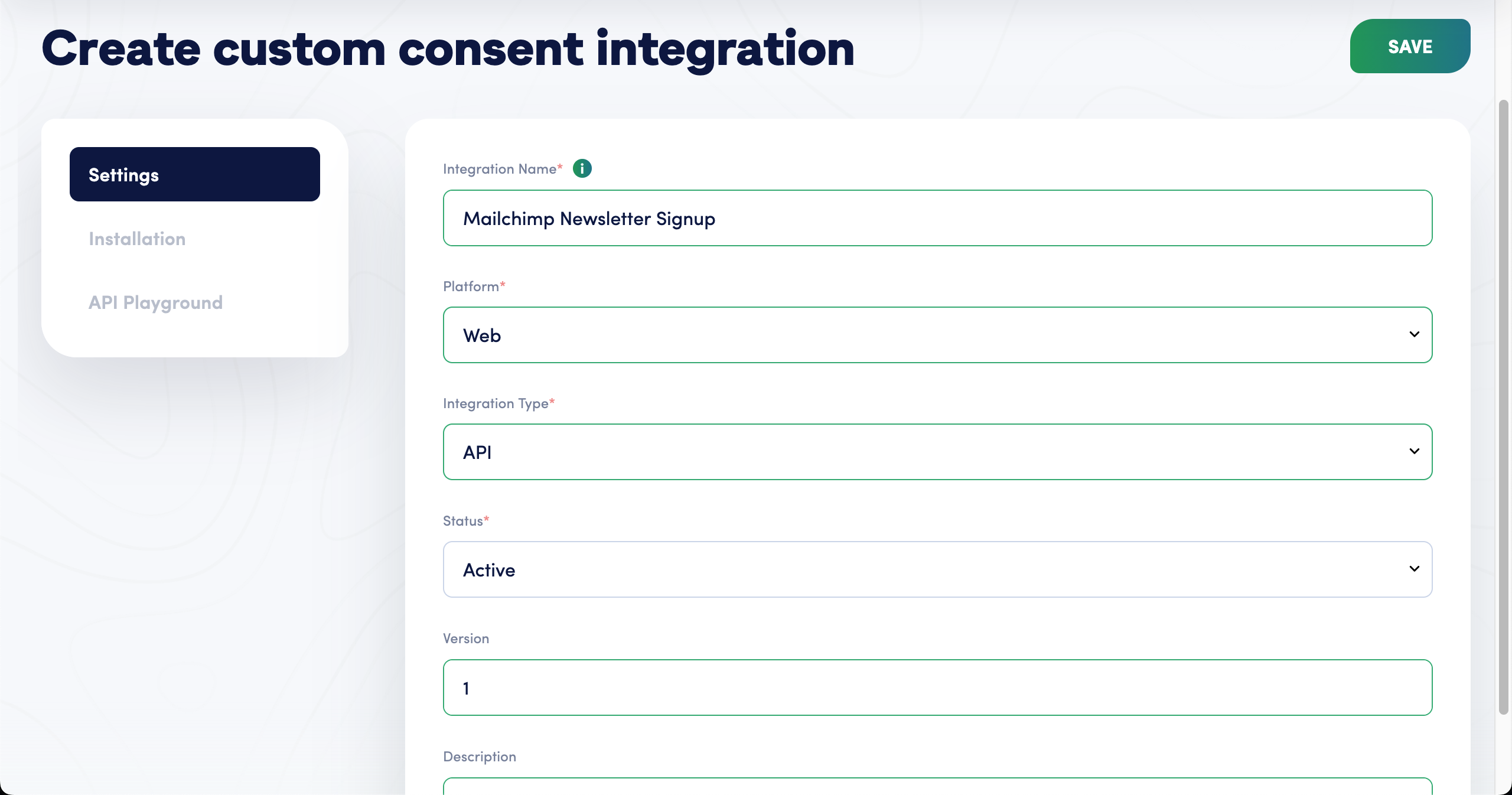 Create custom consent integration form in Secure Privacy showing Integration Name, Platform, Integration Type and Status fields
