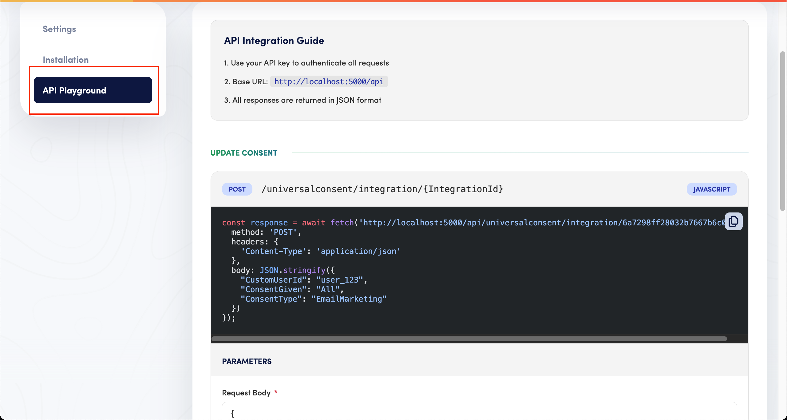 API Playground in Secure Privacy Universal Consent showing the update consent endpoint, request body parameters and a JavaScript example