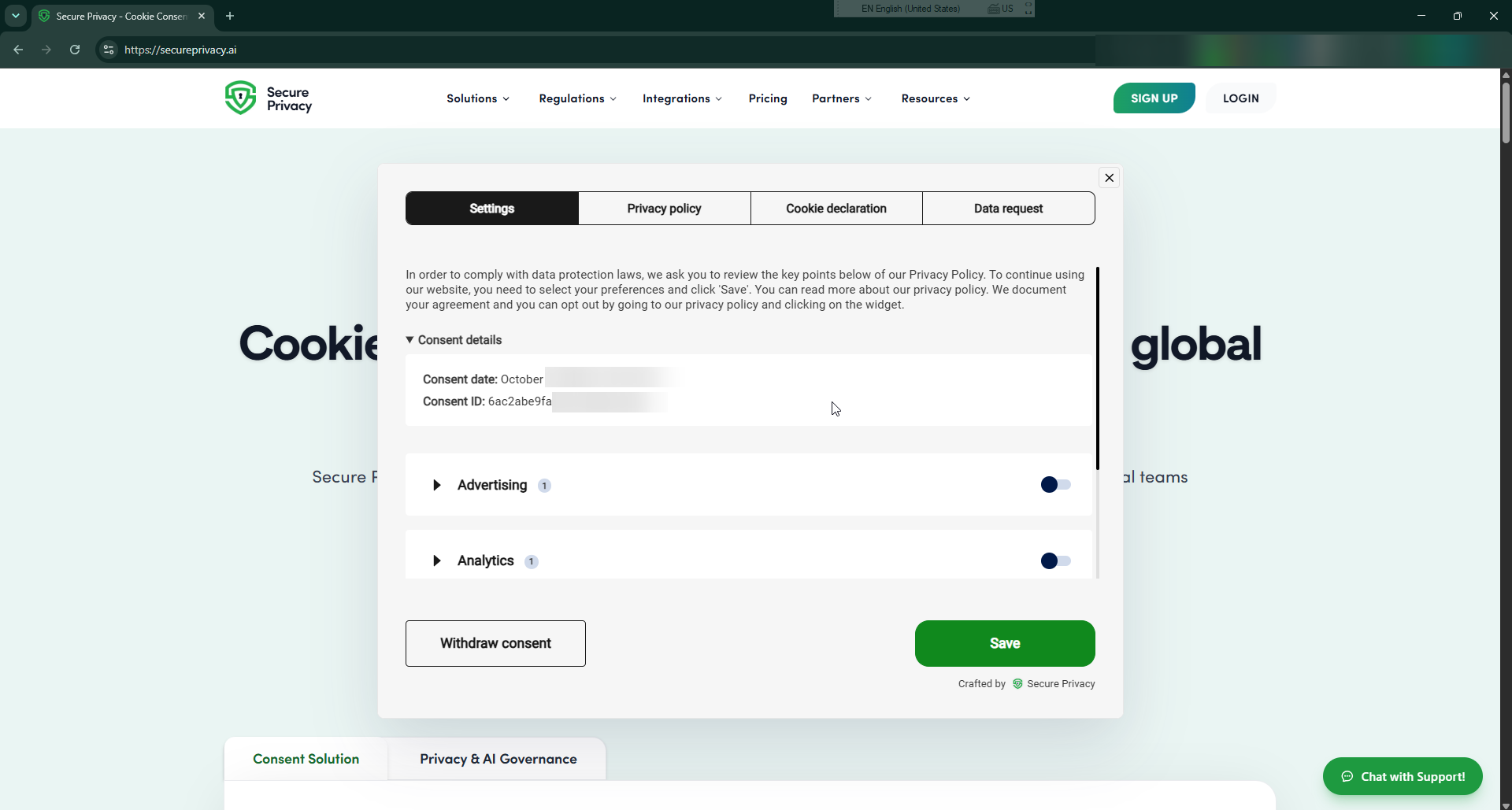 Secure Privacy preference center showing the Consent details section with consent date and Consent ID, above the Withdraw consent and Save buttons