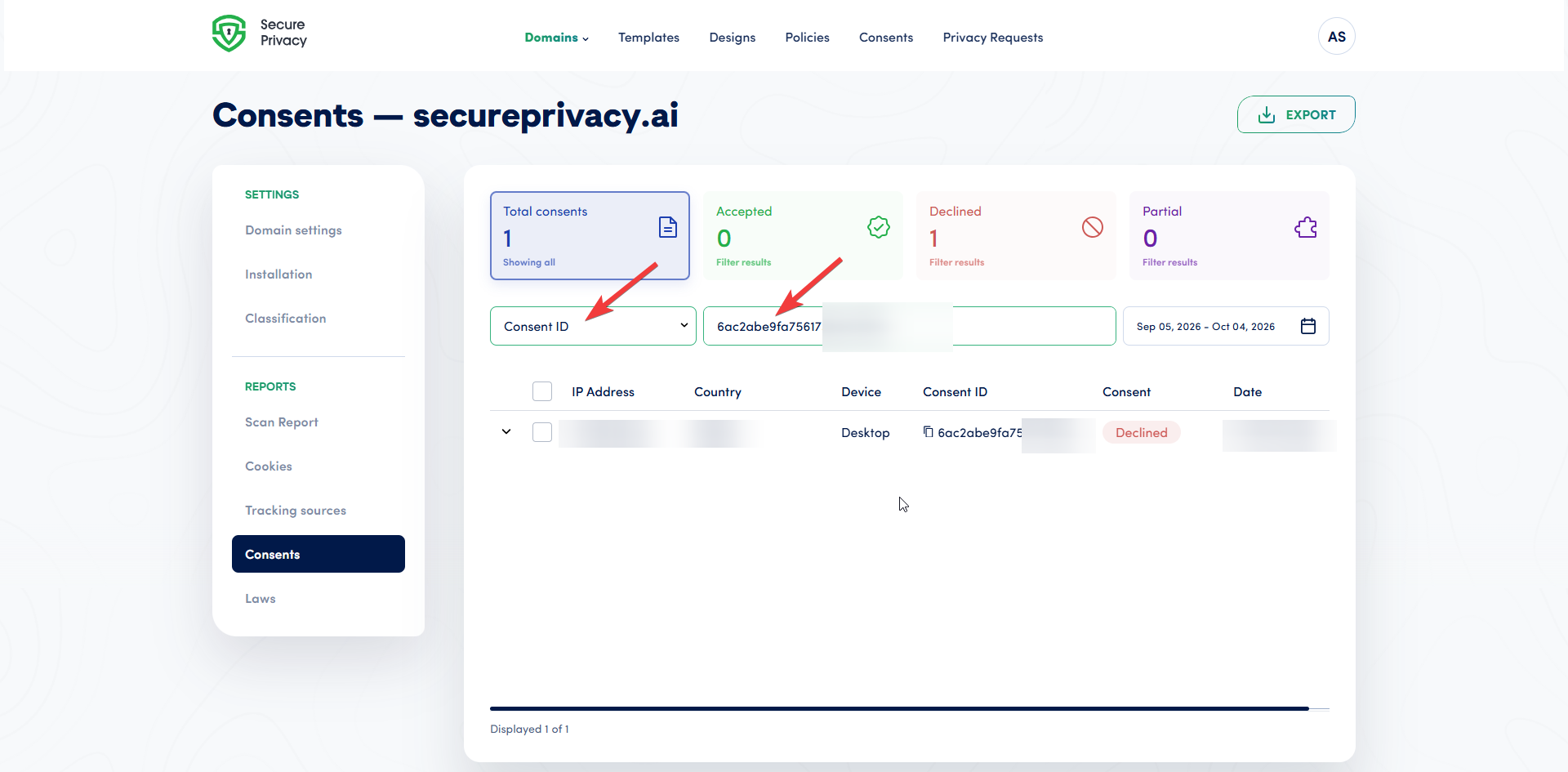 Consent Hub dashboard in Secure Privacy with the Consent ID search field used to look up a single consent record