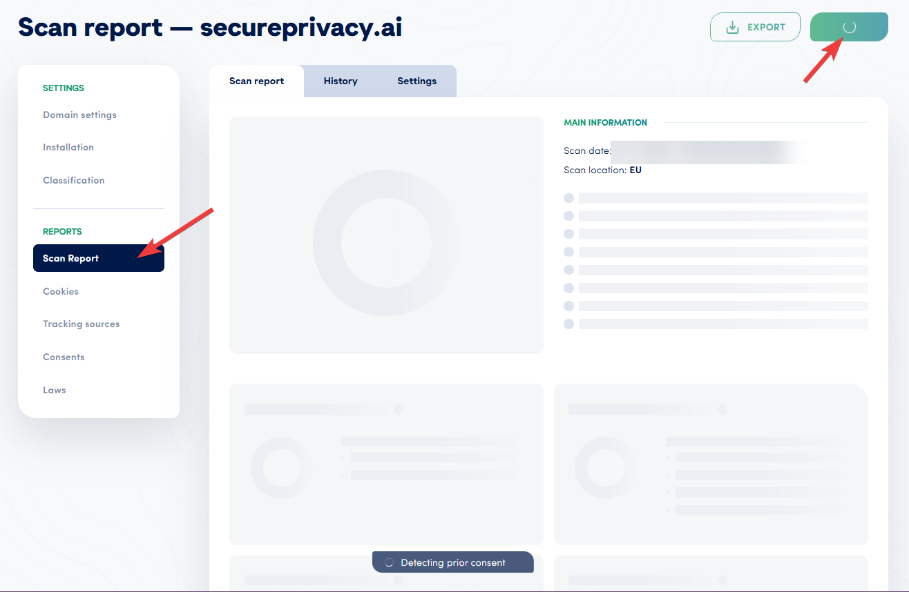 Secure Privacy Scan Report page with the option to run a new scan, used to apply updated cookie classifications to the scan report and cookie declaration