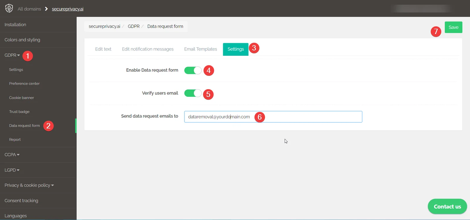 Secure Privacy Data Request Form Settings tab showing Enable Data Request Form toggle, Verify users email option, and Send data request emails to field