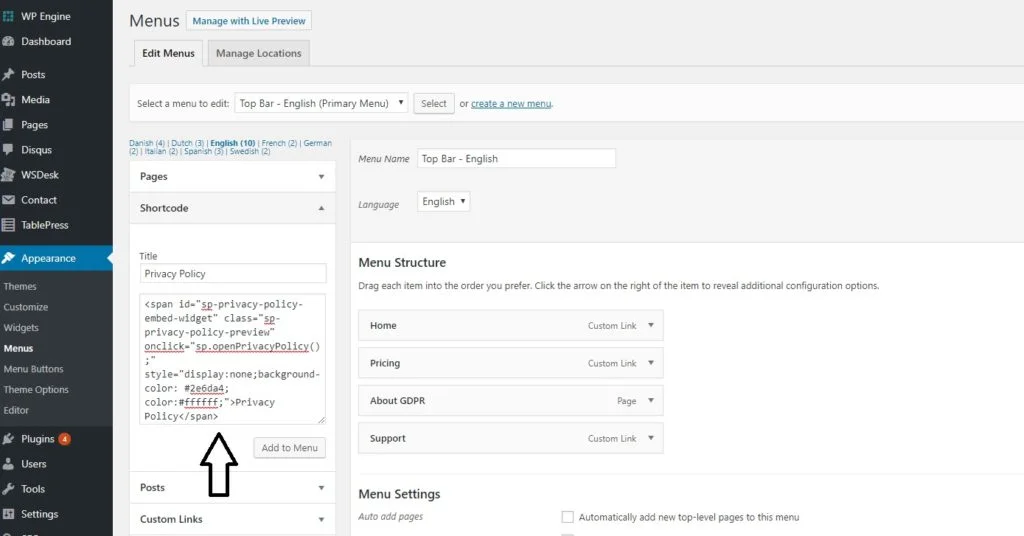 Secure Privacy Privacy Policy button embed code ready to copy with preview of how the button will appear on the website