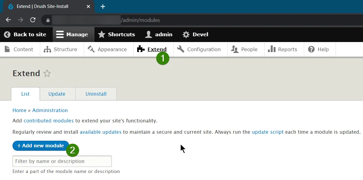 Drupal Extend page showing the Add new module option and the Install from a URL field for the Header and Footer Scripts module