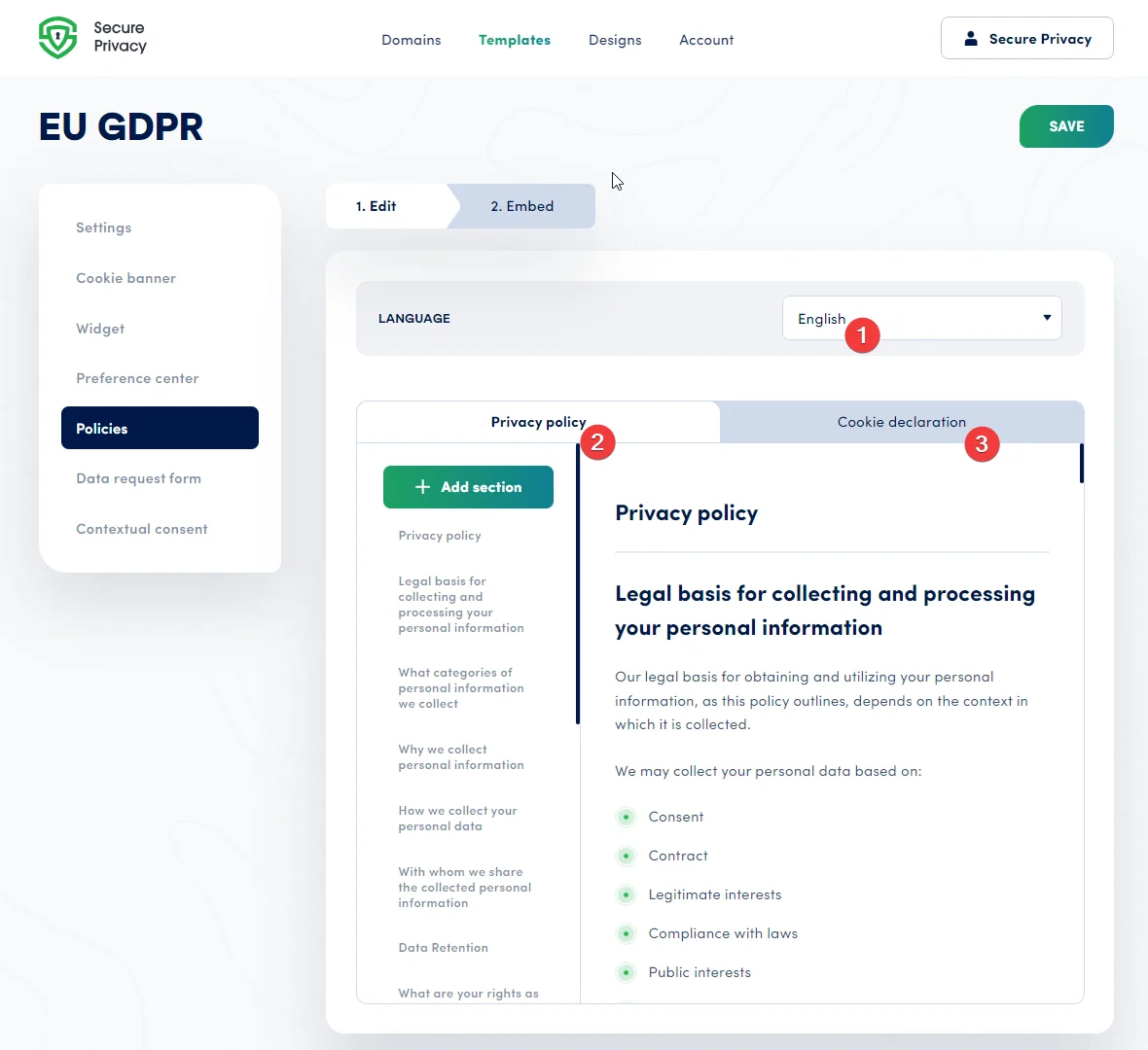 Secure Privacy policy editor mode showing the privacy policy content editor with a language selector dropdown, section navigation sidebar, and rich-text editing toolbar